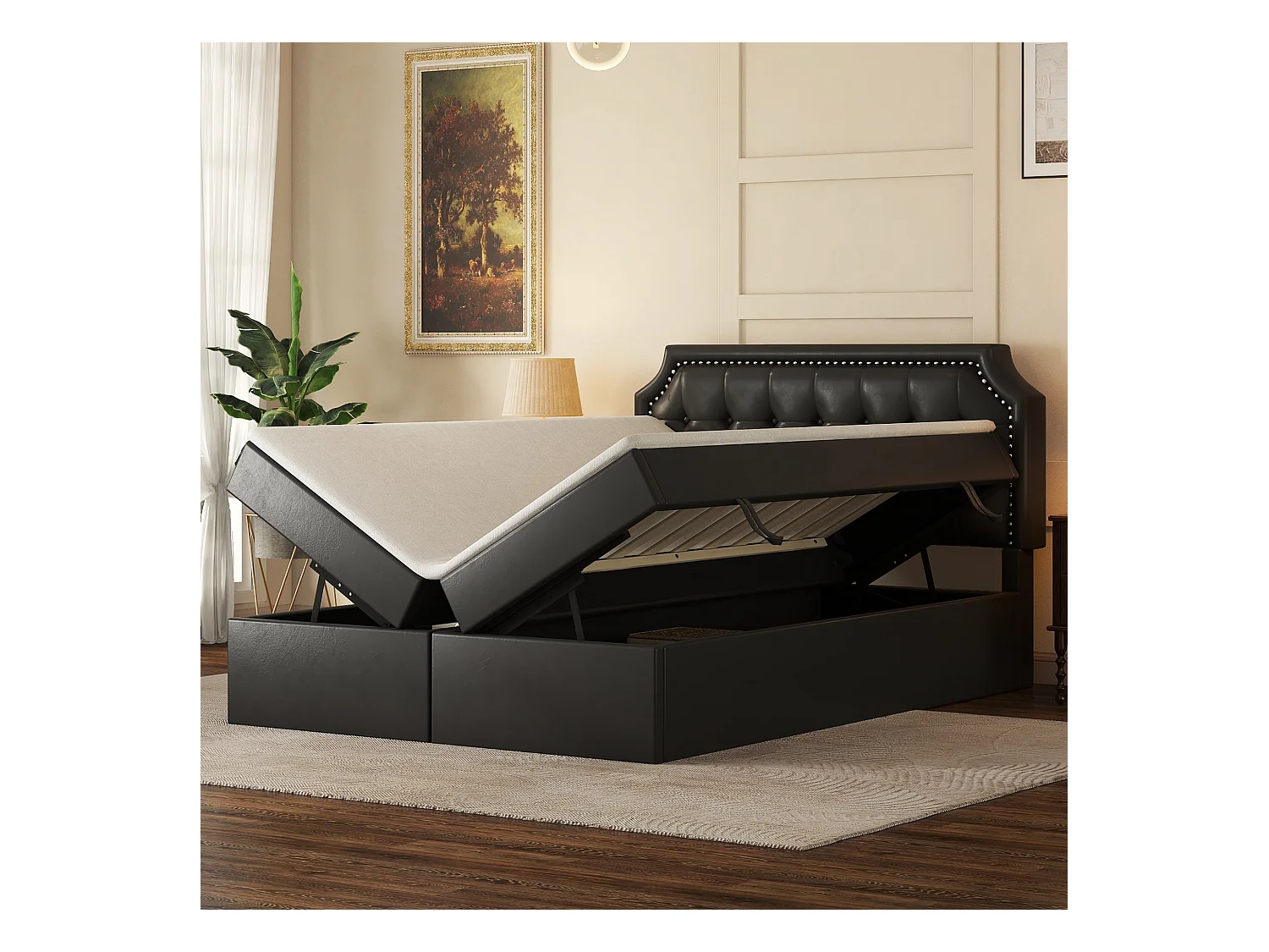 Lit coffre 140 x 200 cm avec tête de lit et décor boutons - cuir PU - ouvrant des deux côtés - coloris noir