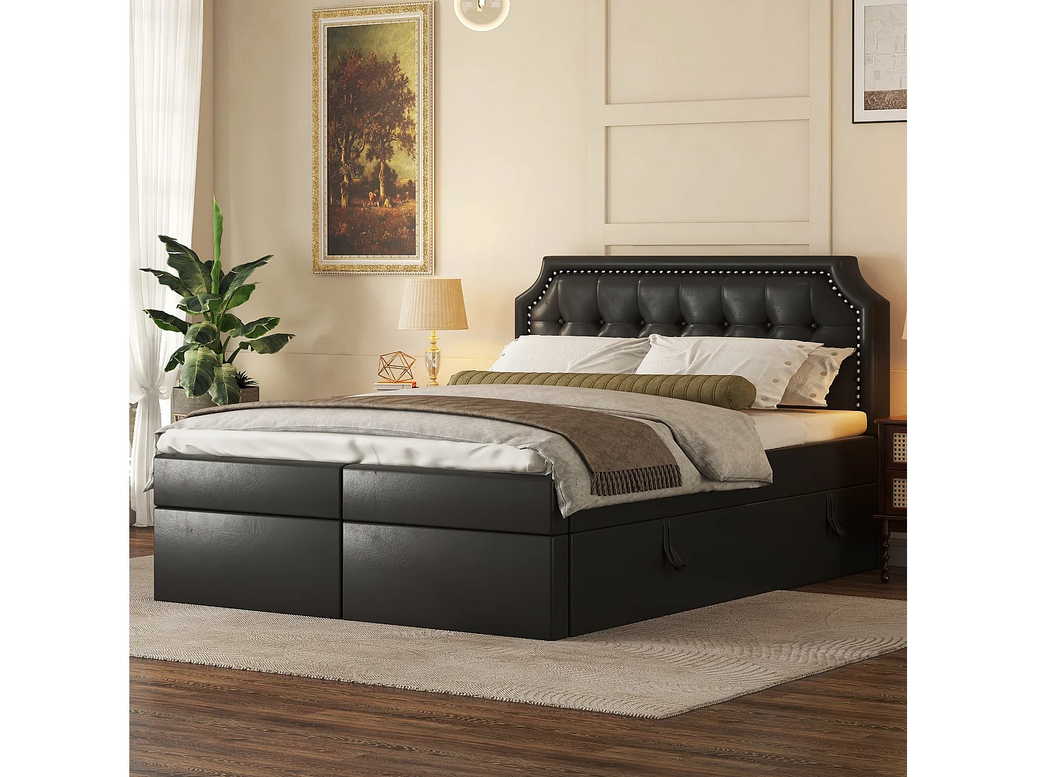 Lit coffre 140 x 200 cm avec tête de lit et décor boutons - cuir PU - ouvrant des deux côtés - coloris noir