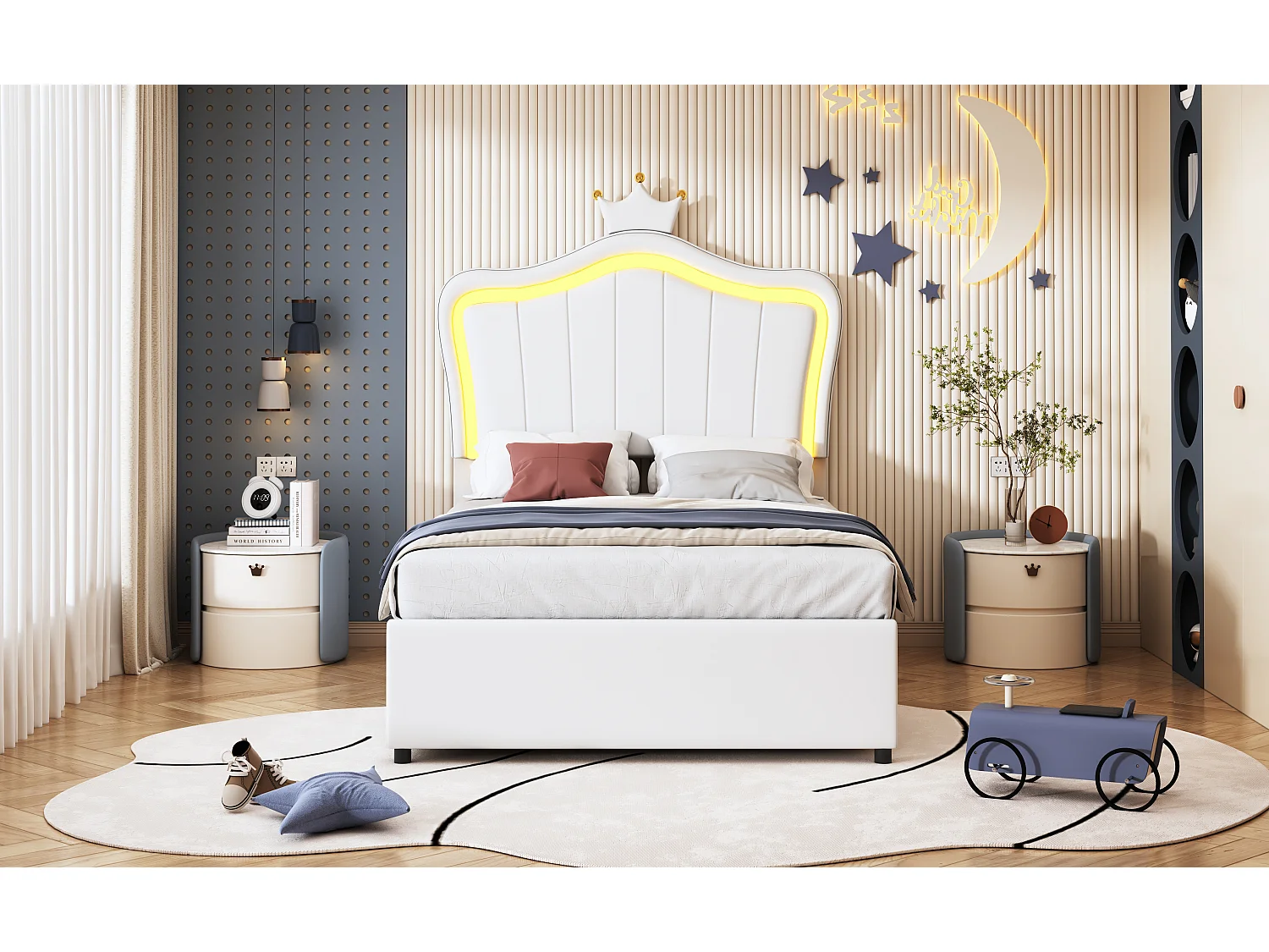 Opbergbed 90 x 200 cm met verstelbaar hoofdeinde en LED-verlichting - kunstleer - kroonmotief - wit (zonder matras)