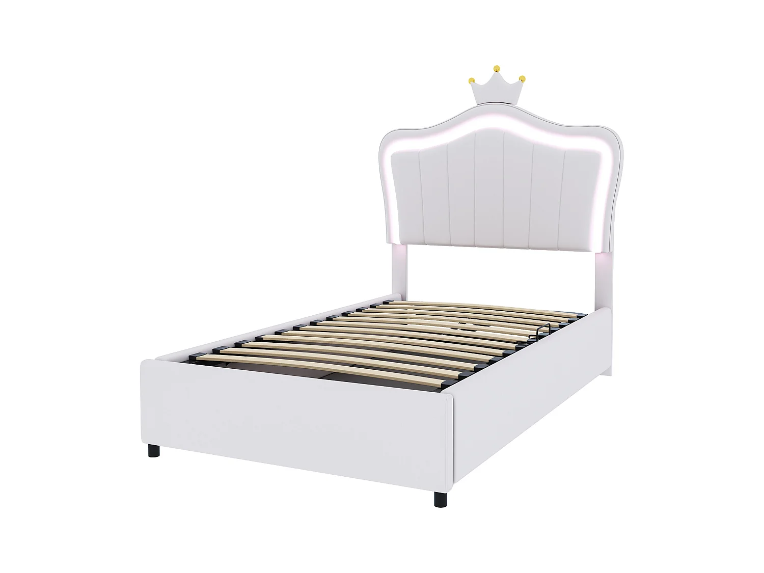 Lit coffre 90 x 200 cm avec tête de lit réglable et éclairage LED - simili cuir - motif couronne - blanc (sans matelas)