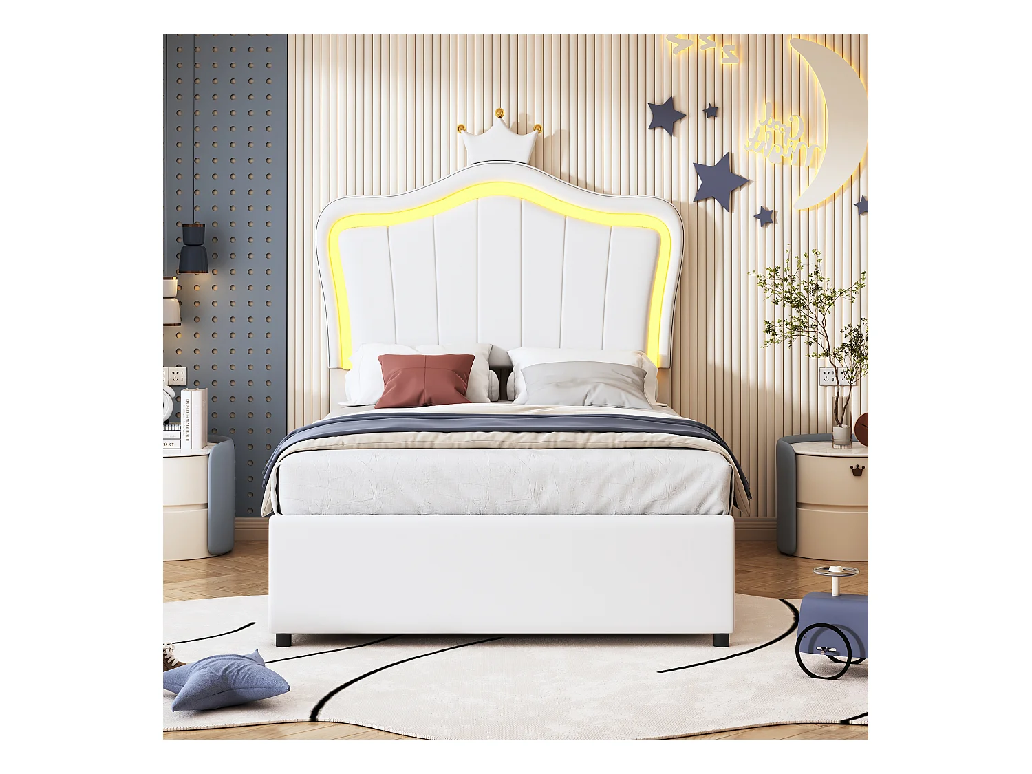 Lit coffre 90 x 200 cm avec tête de lit réglable et éclairage LED - simili cuir - motif couronne - blanc (sans matelas)