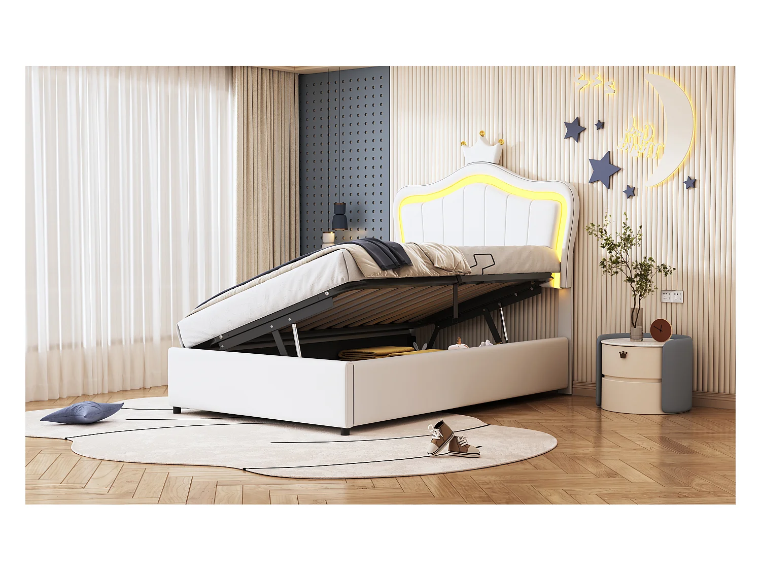 Lit coffre 90 x 200 cm avec tête de lit réglable et éclairage LED - simili cuir - motif couronne - blanc (sans matelas)