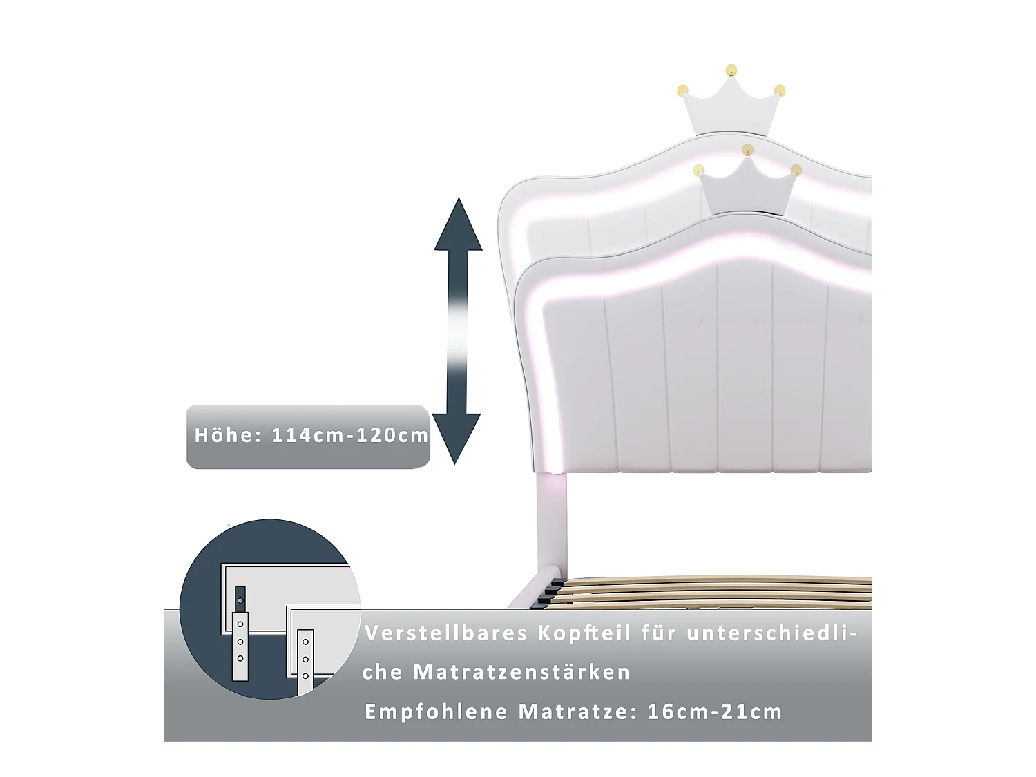 Lit coffre 90 x 200 cm avec tête de lit réglable et éclairage LED - simili cuir - motif couronne - blanc (sans matelas)