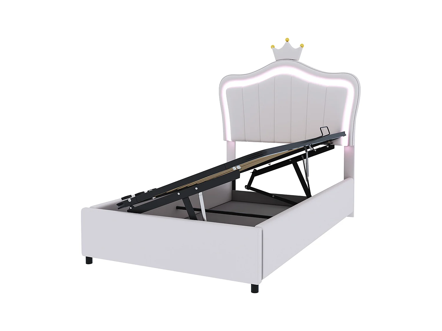 Lit coffre 90 x 200 cm avec tête de lit réglable et éclairage LED - simili cuir - motif couronne - blanc (sans matelas)