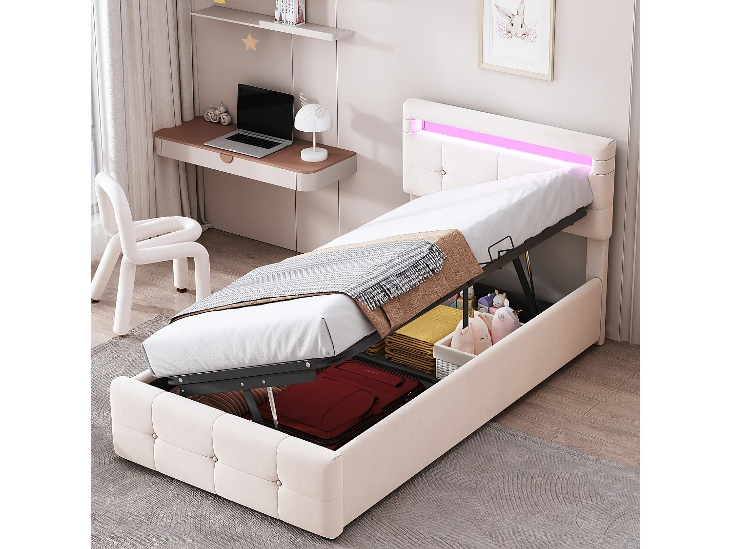 Letto contenitore 90 x 200 cm con testiera regolabile - tessuto in velluto - led - rete a doghe - beige (senza materasso)