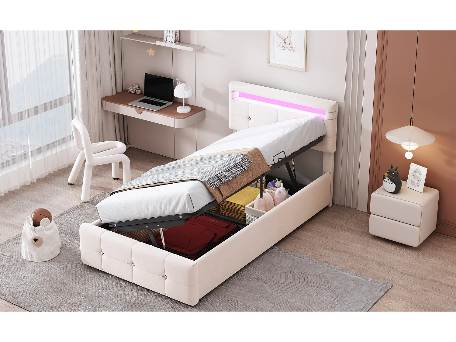 Letto contenitore 90 x 200 cm con testiera regolabile - tessuto in velluto - led - rete a doghe - beige (senza materasso)