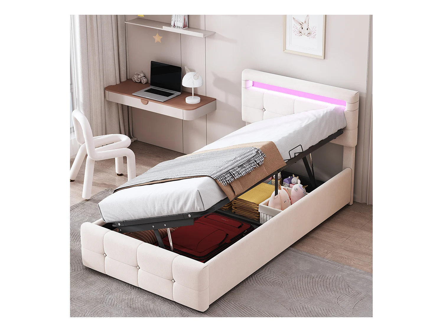 Opbergbed 90 x 200 cm met verstelbaar hoofdeinde - fluwelen stof - LED's - lattenbodem - beige (zonder matras)