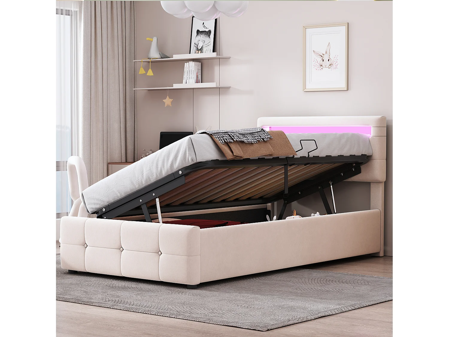 Bettkasten 90 x 200 cm mit verstellbarem Kopfteil – Samtstoff – LEDs – Lattenrost – Beige (ohne Matratze)