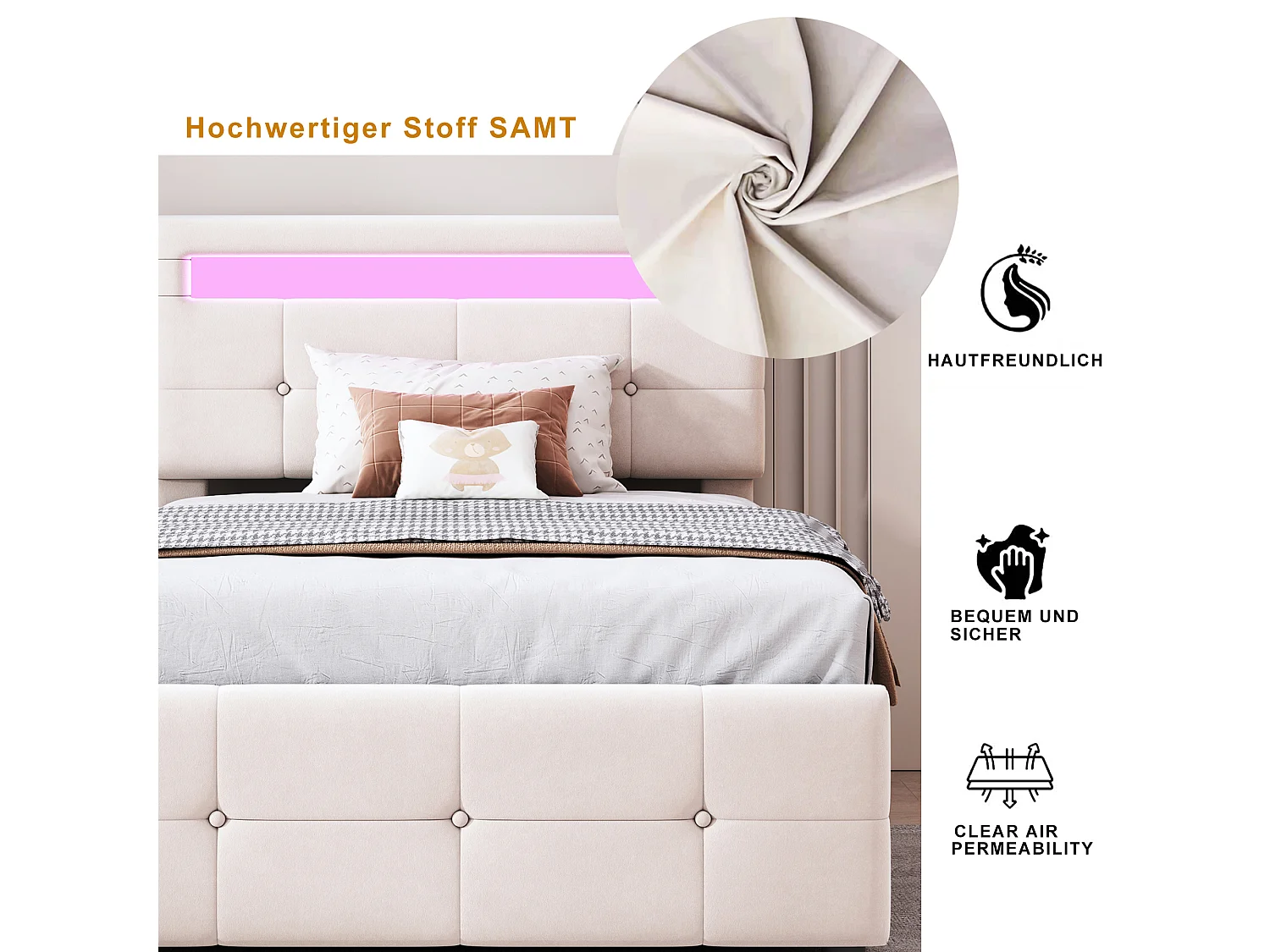 Bettkasten 90 x 200 cm mit verstellbarem Kopfteil – Samtstoff – LEDs – Lattenrost – Beige (ohne Matratze)