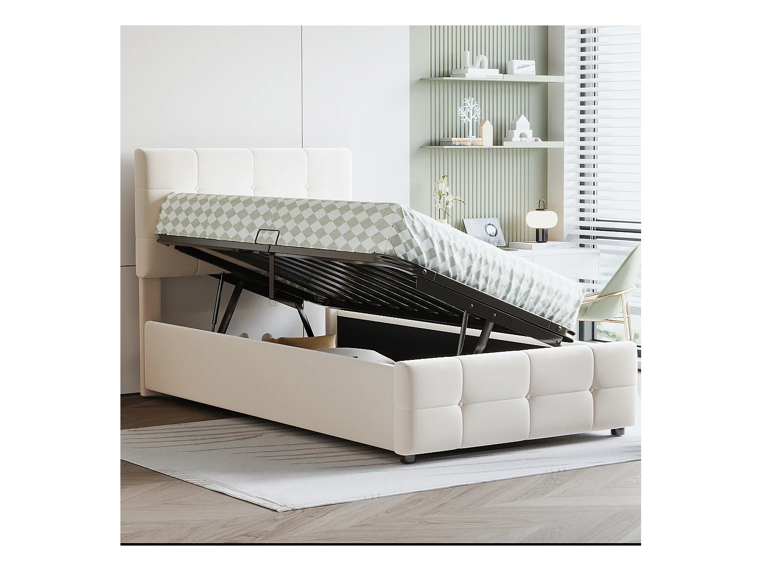 Bettkasten 90 x 200 cm mit verstellbarem Kopfteil – Samtstoff – Lattenrost – Beige (ohne Matratze)