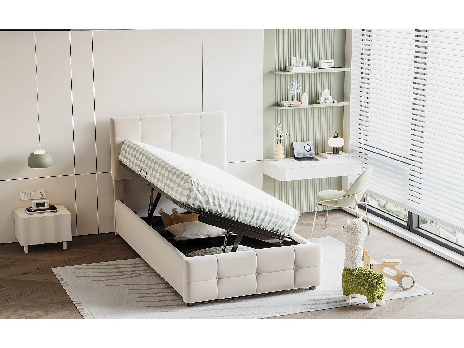 Bettkasten 90 x 200 cm mit verstellbarem Kopfteil – Samtstoff – Lattenrost – Beige (ohne Matratze)