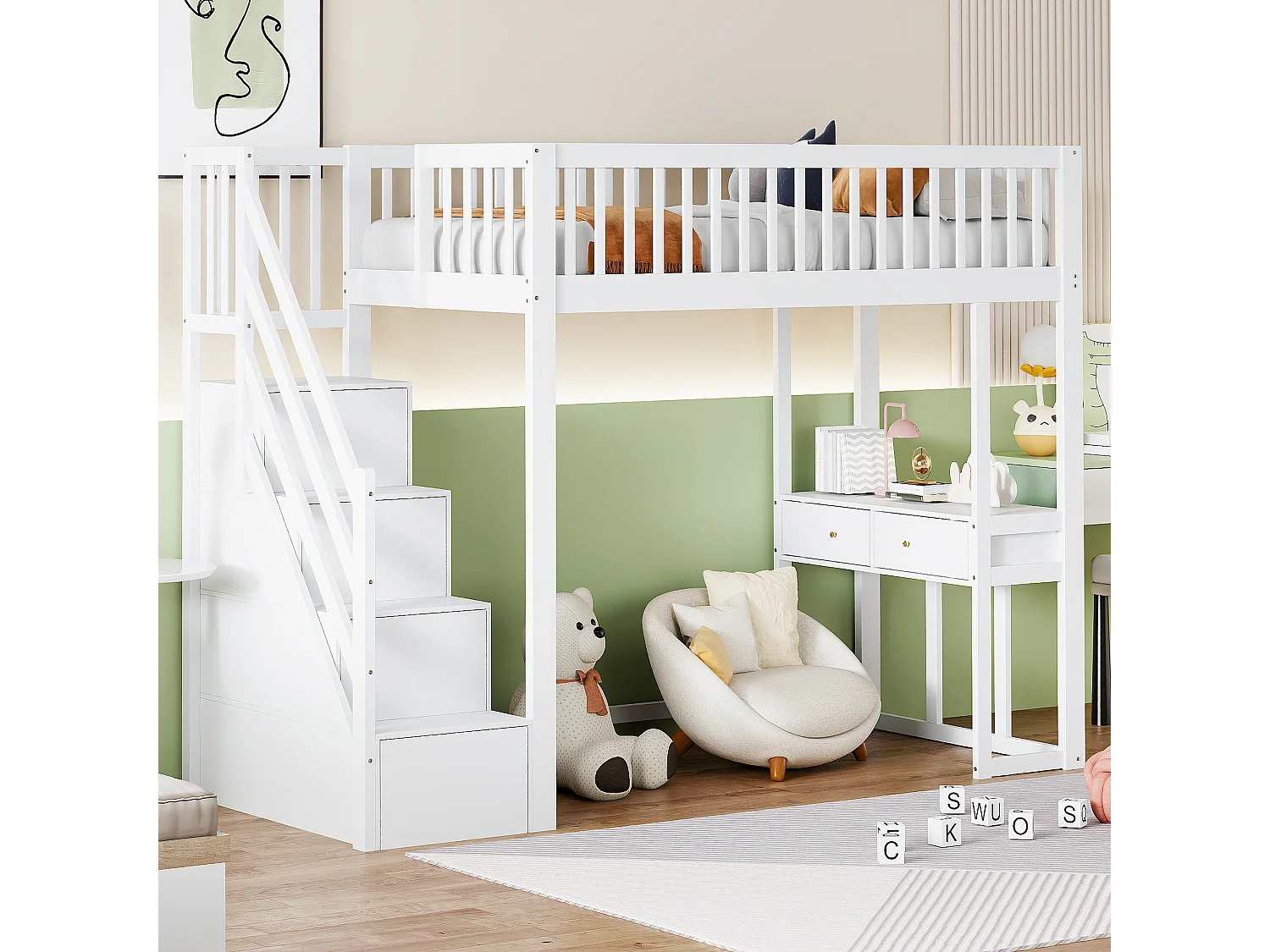 Lit mezzanine 90 x 200 cm avec avec bureau & 6 tiroirs - bois MDF - blanc (sans matelas)