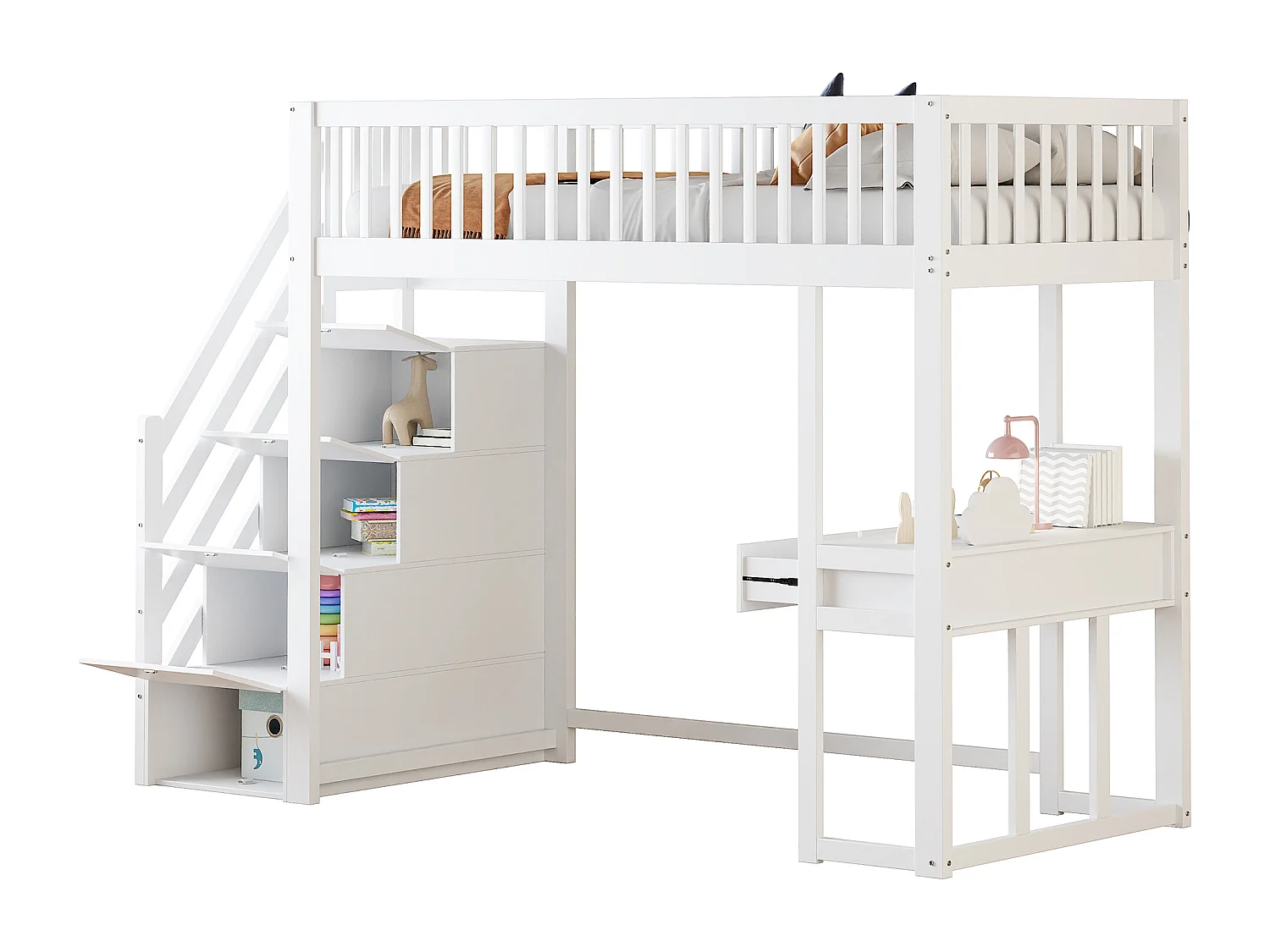 Lit mezzanine 90 x 200 cm avec avec bureau & 6 tiroirs - bois MDF - blanc (sans matelas)