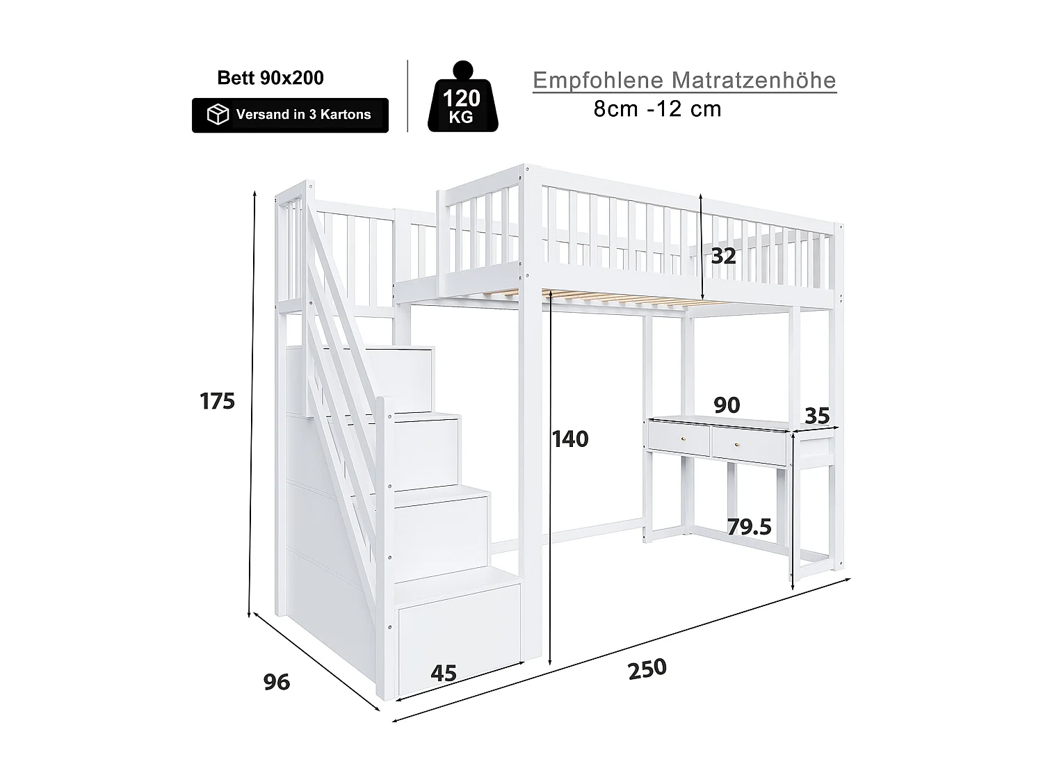 Lit mezzanine 90 x 200 cm avec avec bureau & 6 tiroirs - bois MDF - blanc (sans matelas)