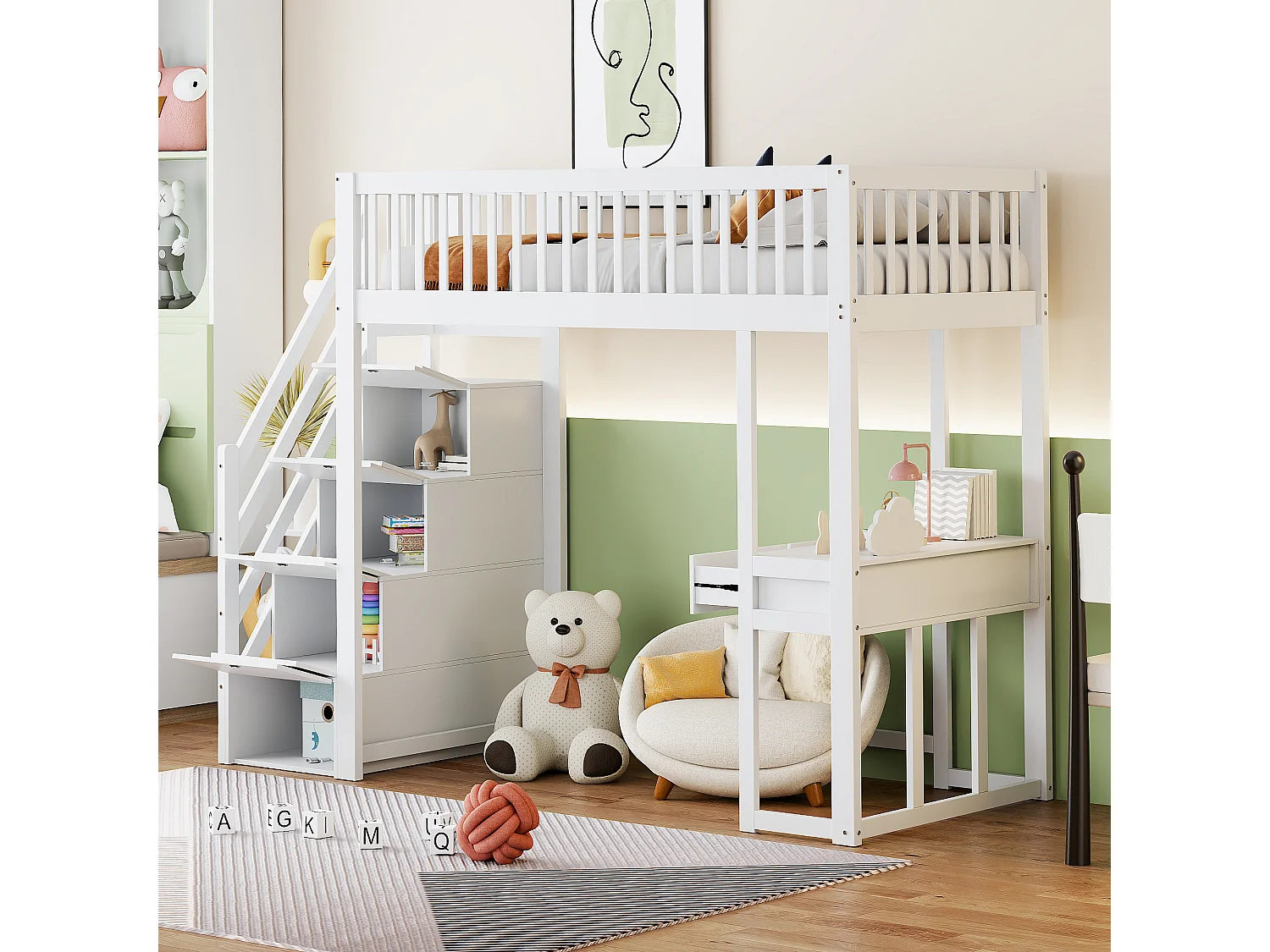 Lit mezzanine 90 x 200 cm avec avec bureau & 6 tiroirs - bois MDF - blanc (sans matelas)