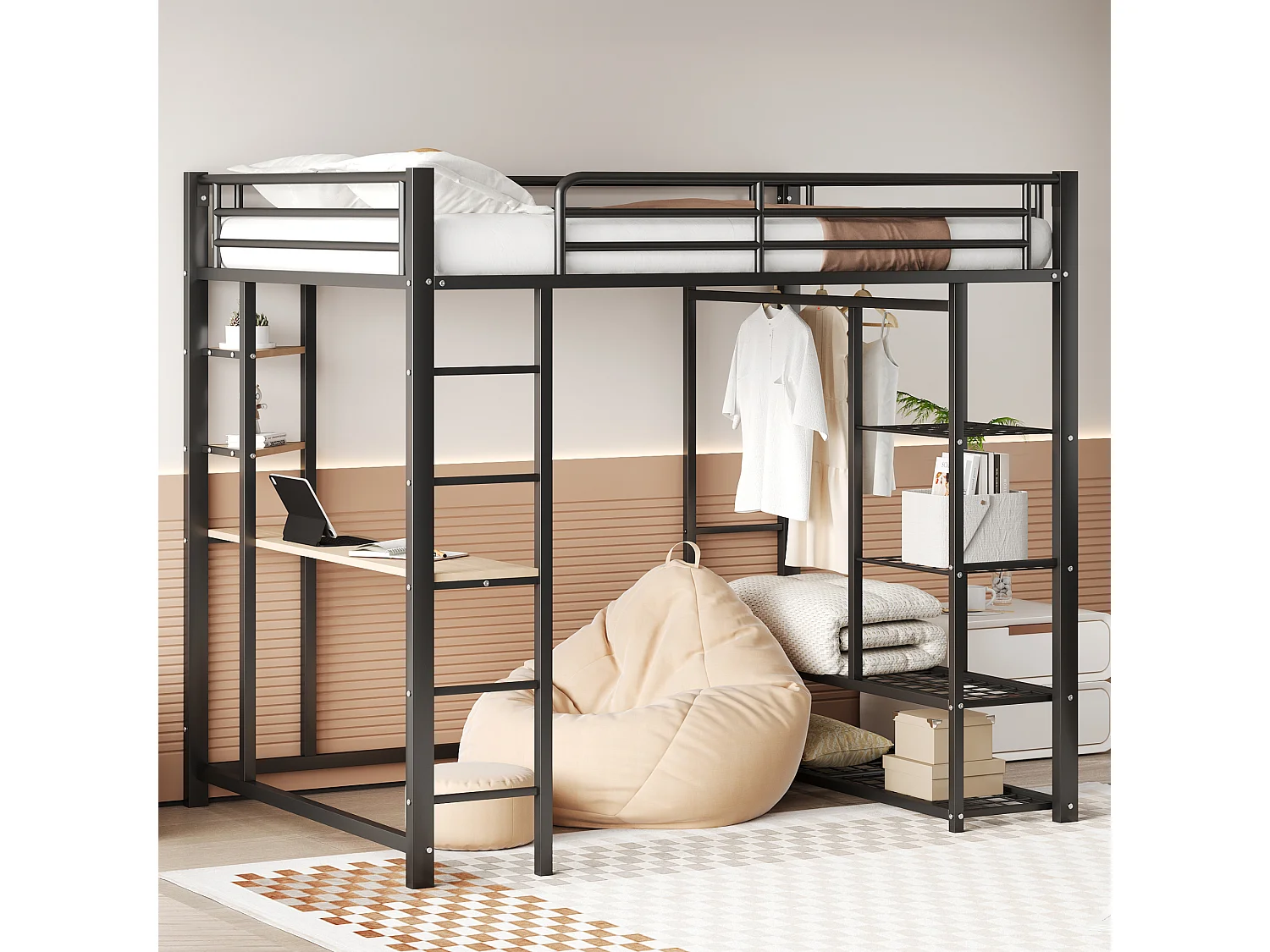 Cama alta 140 x 200 cm com mesa e prateleiras de armazenamento - metal - base de ripas - preta (sem colchão)