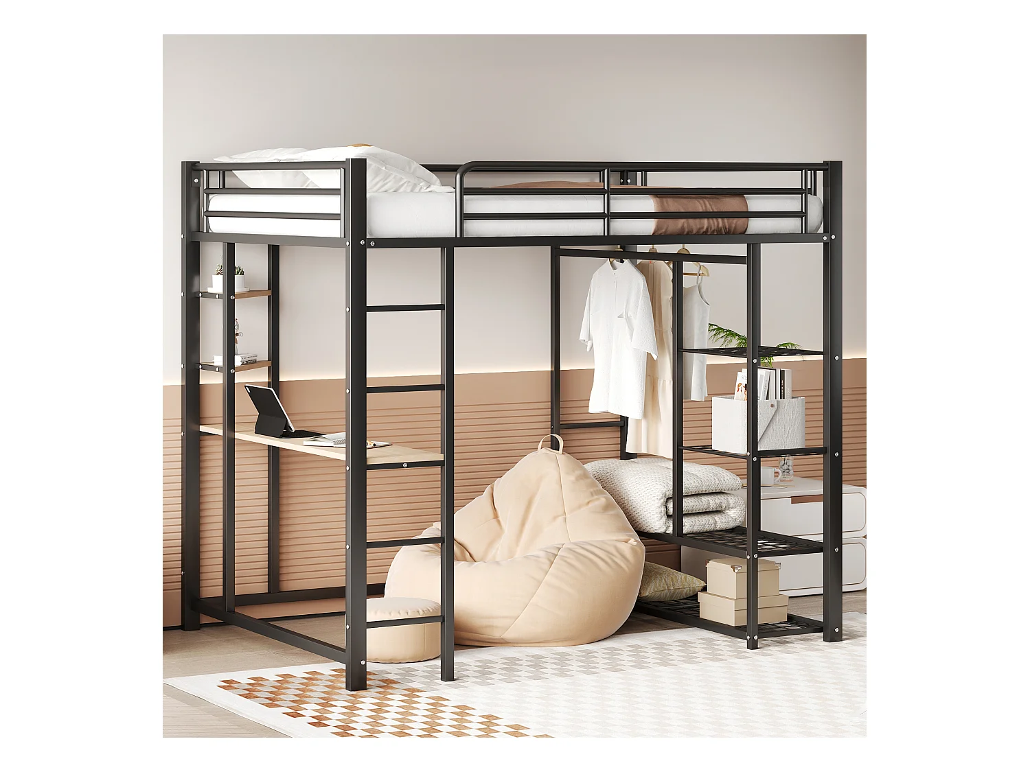 Lit mezzanine 140 x 200 cm avec bureau et étagères de rangement - métal - sommier à lattes - noir (sans matelas)
