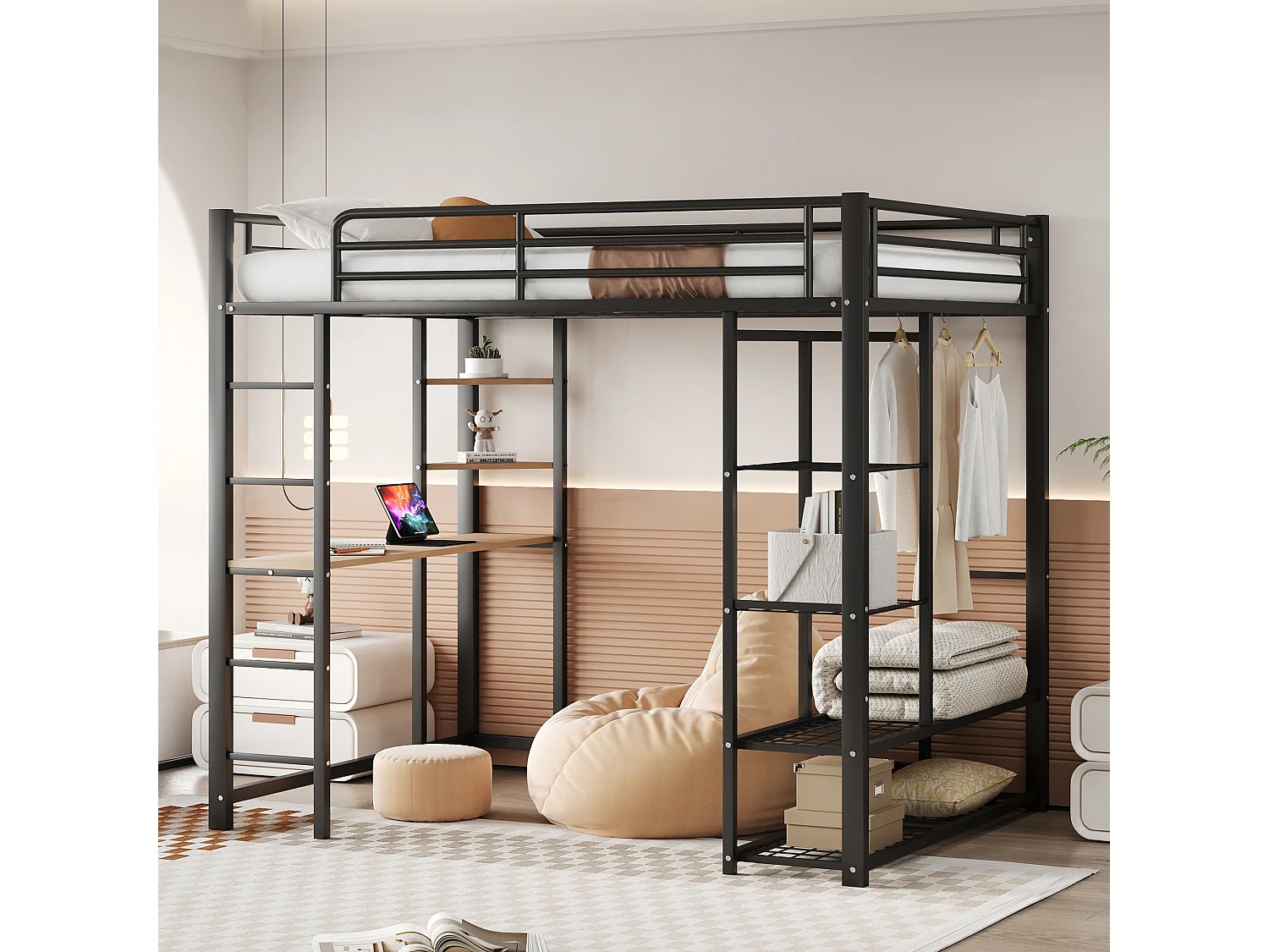 Hochbett 140 x 200 cm mit Schreibtisch und Ablagen – Metall – Lattenrost – Schwarz (ohne Matratze)