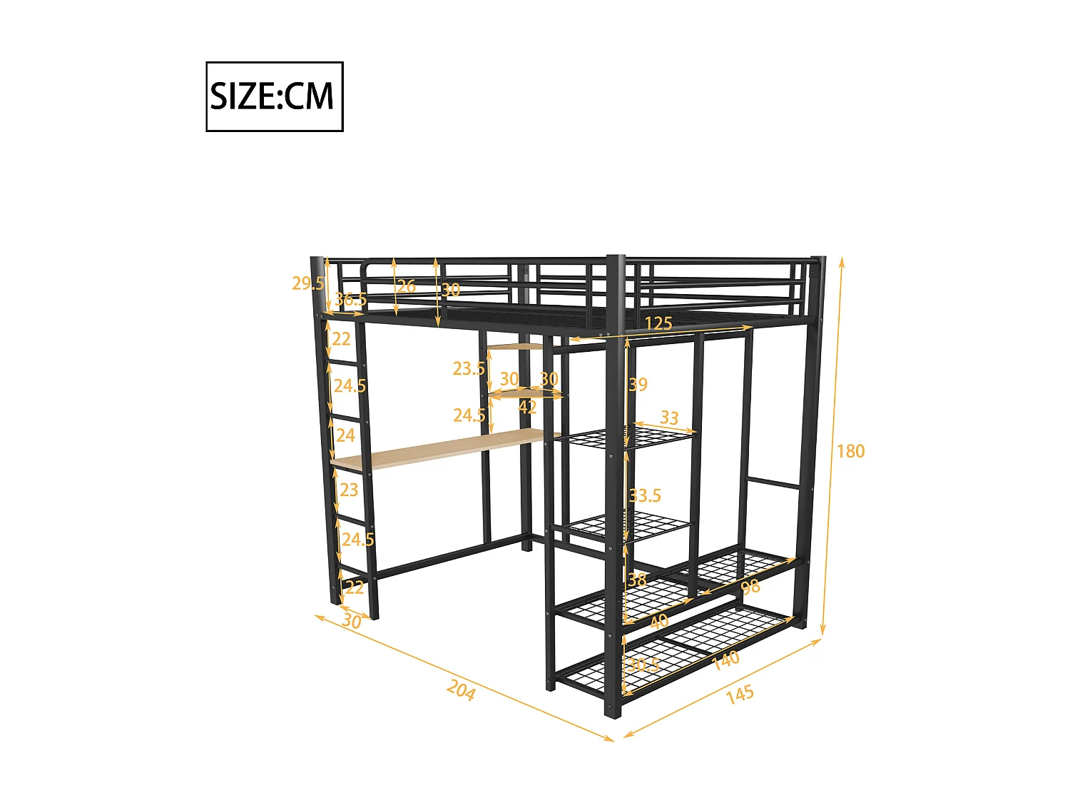 Lit mezzanine 140 x 200 cm avec bureau et étagères de rangement - métal - sommier à lattes - noir (sans matelas)
