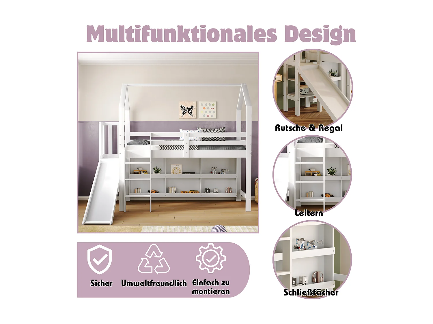 Lit mezzanine 90 x 200 cm avec avec toboggan & escalier & casier & étagère - bois massif + MDF - blanc (sans matelas)