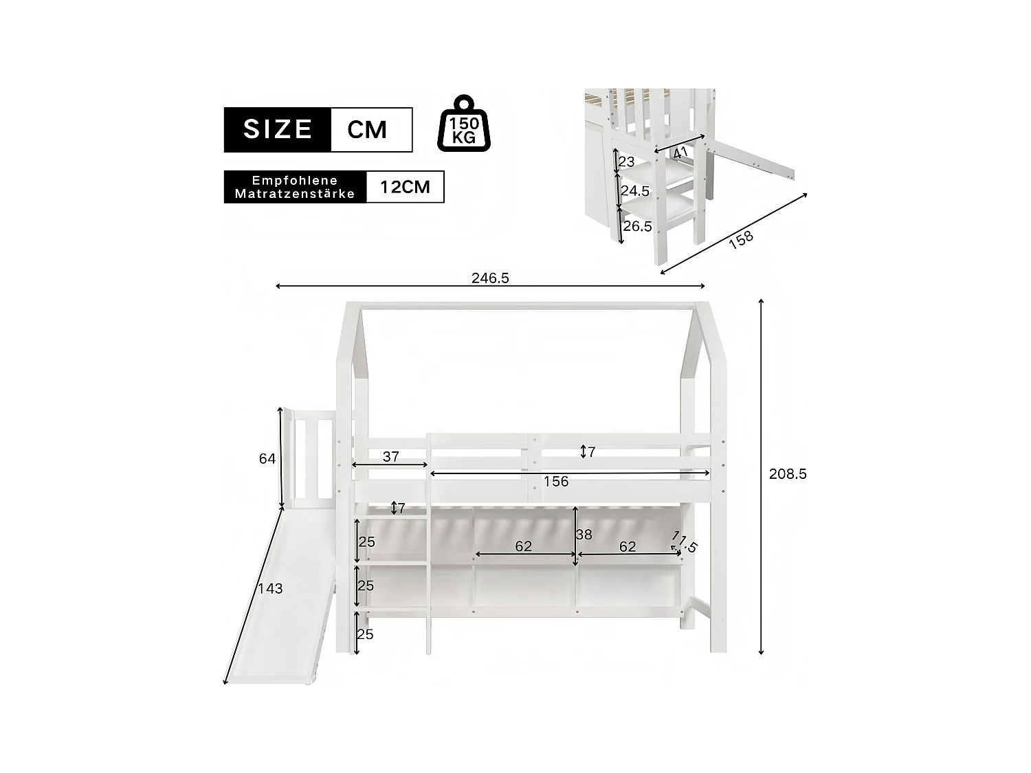 Lit mezzanine 90 x 200 cm avec avec toboggan & escalier & casier & étagère - bois massif + MDF - blanc (sans matelas)