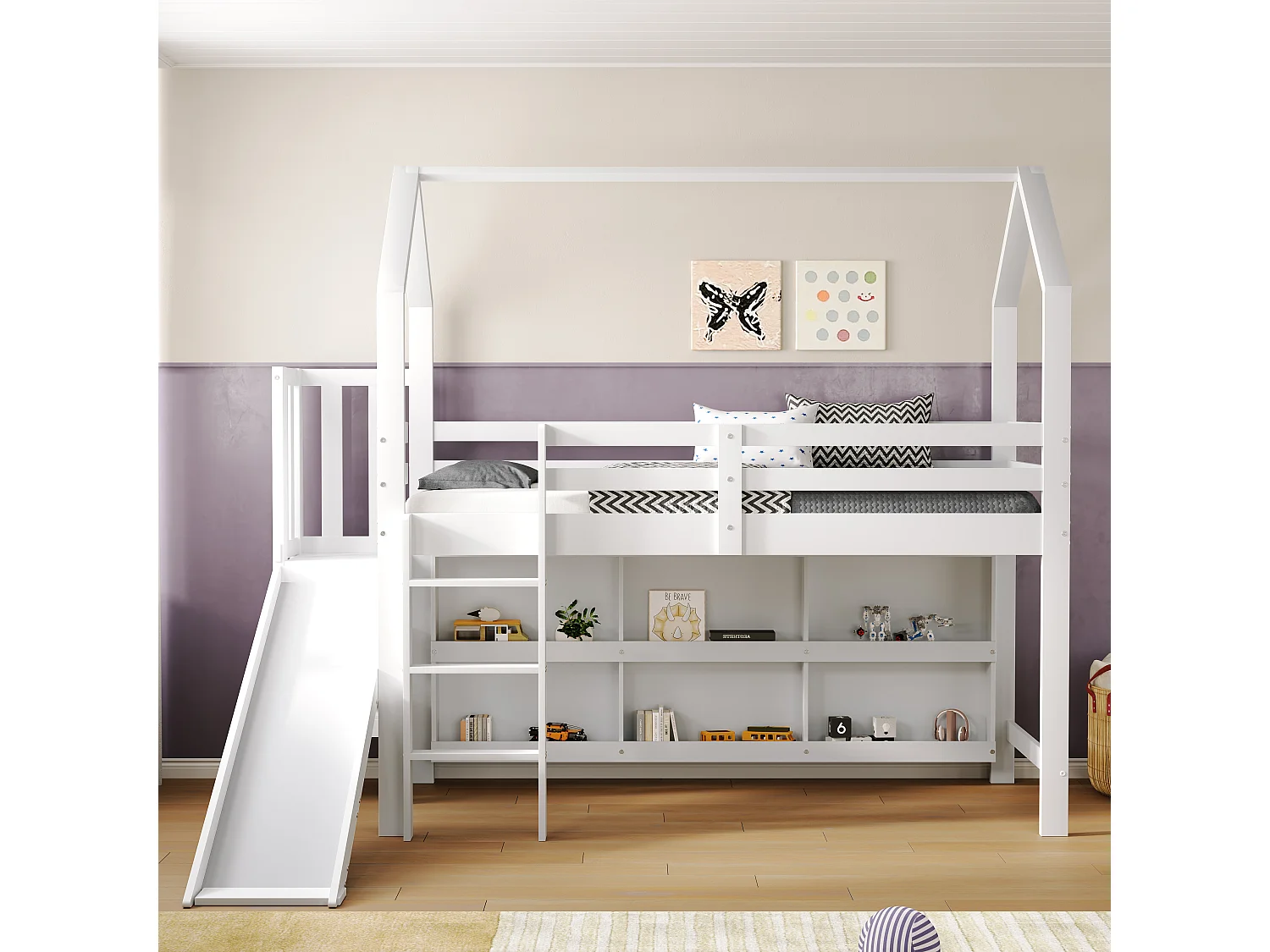 Lit mezzanine 90 x 200 cm avec avec toboggan & escalier & casier & étagère - bois massif + MDF - blanc (sans matelas)