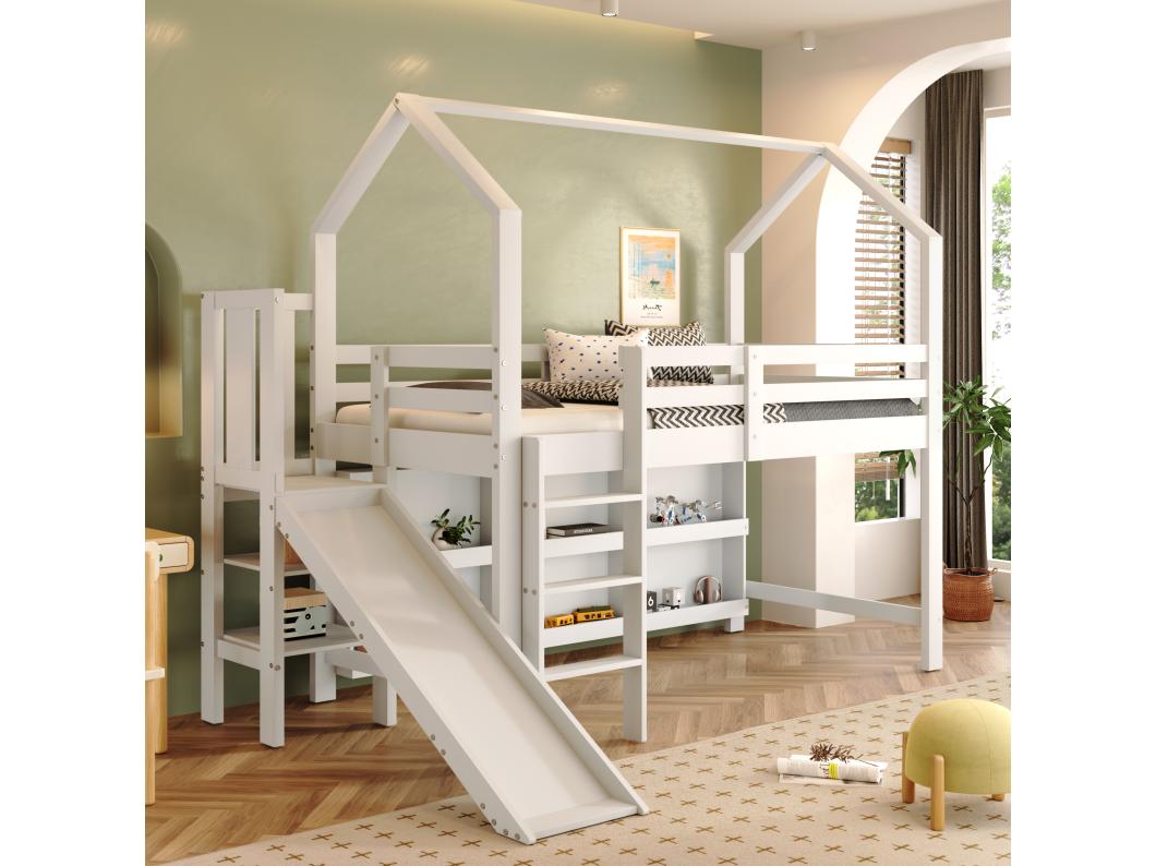 Hoogslaper 90 x 200 cm met glijbaan & trap & opbergkast & plank - massief hout + MDF - wit (zonder matras)