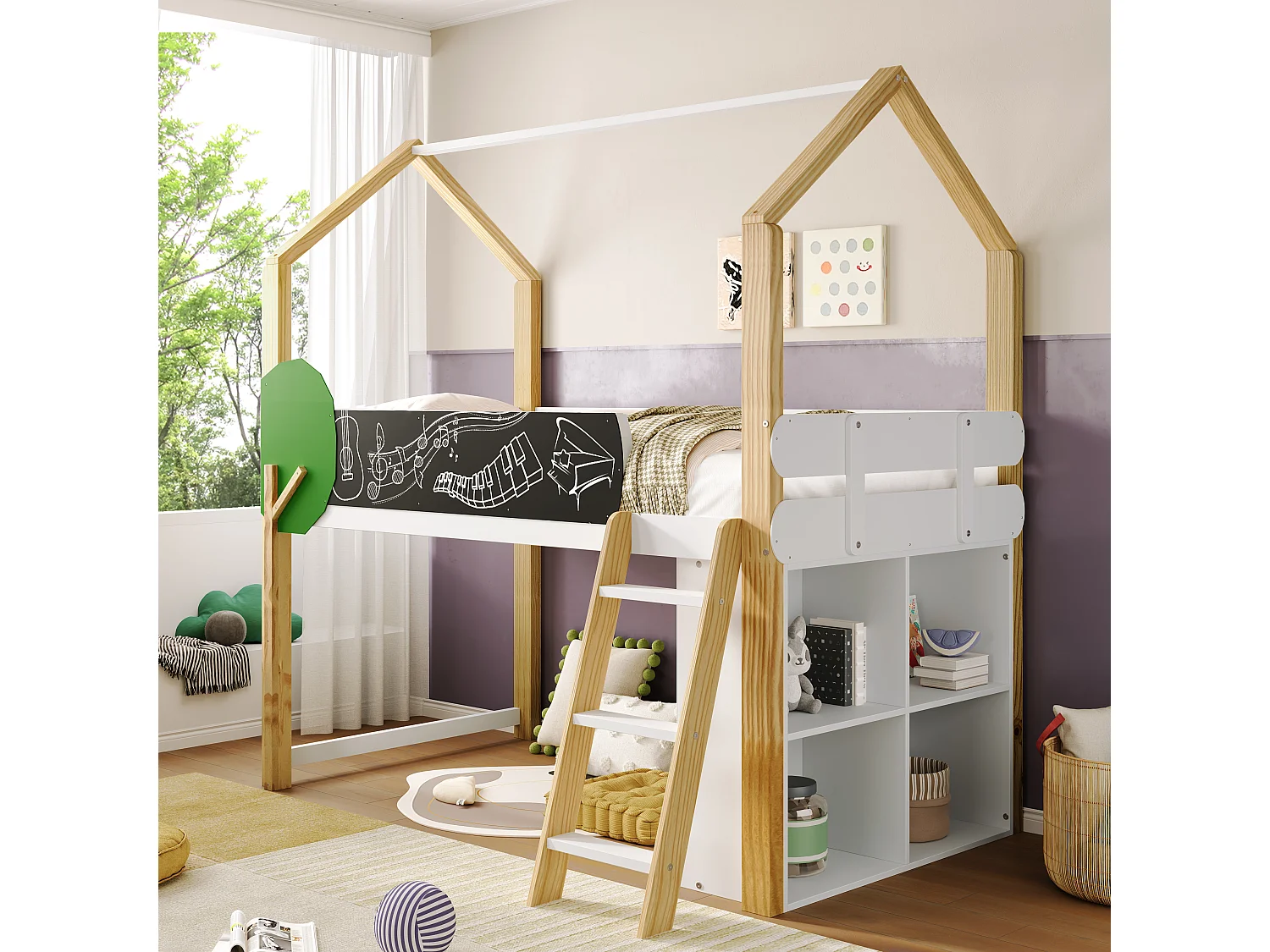 Hoogslaper 90 x 200 cm met graffitipaneel & opbergkast & ladder - massief hout + MDF - wit + naturel