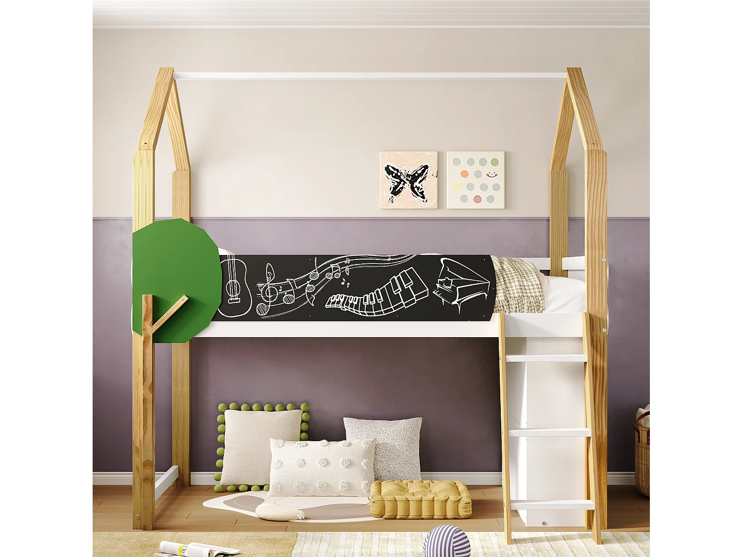 Hoogslaper 90 x 200 cm met graffitipaneel & opbergkast & ladder - massief hout + MDF - wit + naturel