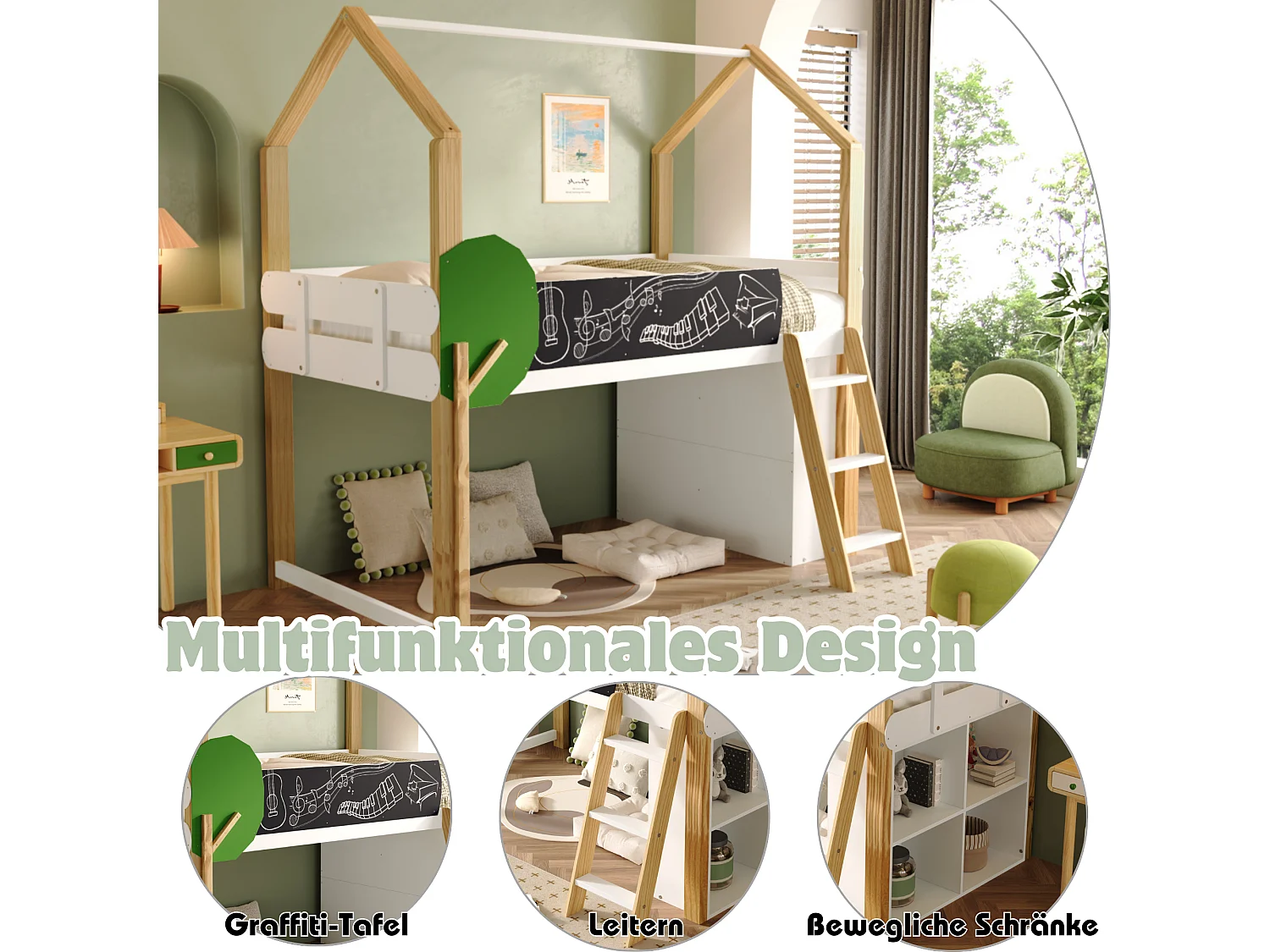 Hoogslaper 90 x 200 cm met graffitipaneel & opbergkast & ladder - massief hout + MDF - wit + naturel