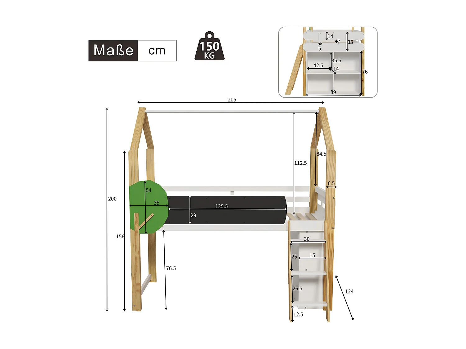 Hoogslaper 90 x 200 cm met graffitipaneel & opbergkast & ladder - massief hout + MDF - wit + naturel