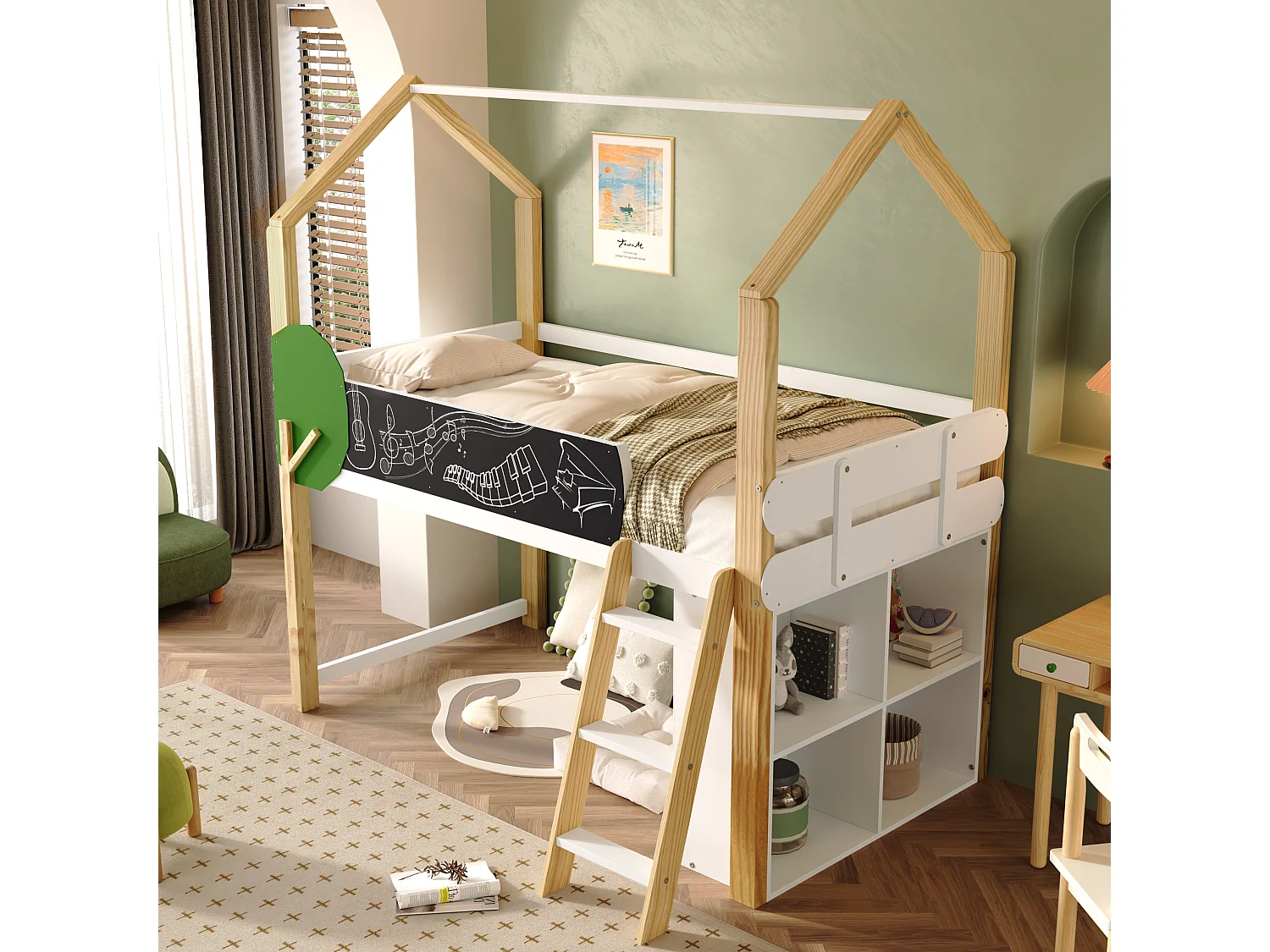 Hoogslaper 90 x 200 cm met graffitipaneel & opbergkast & ladder - massief hout + MDF - wit + naturel