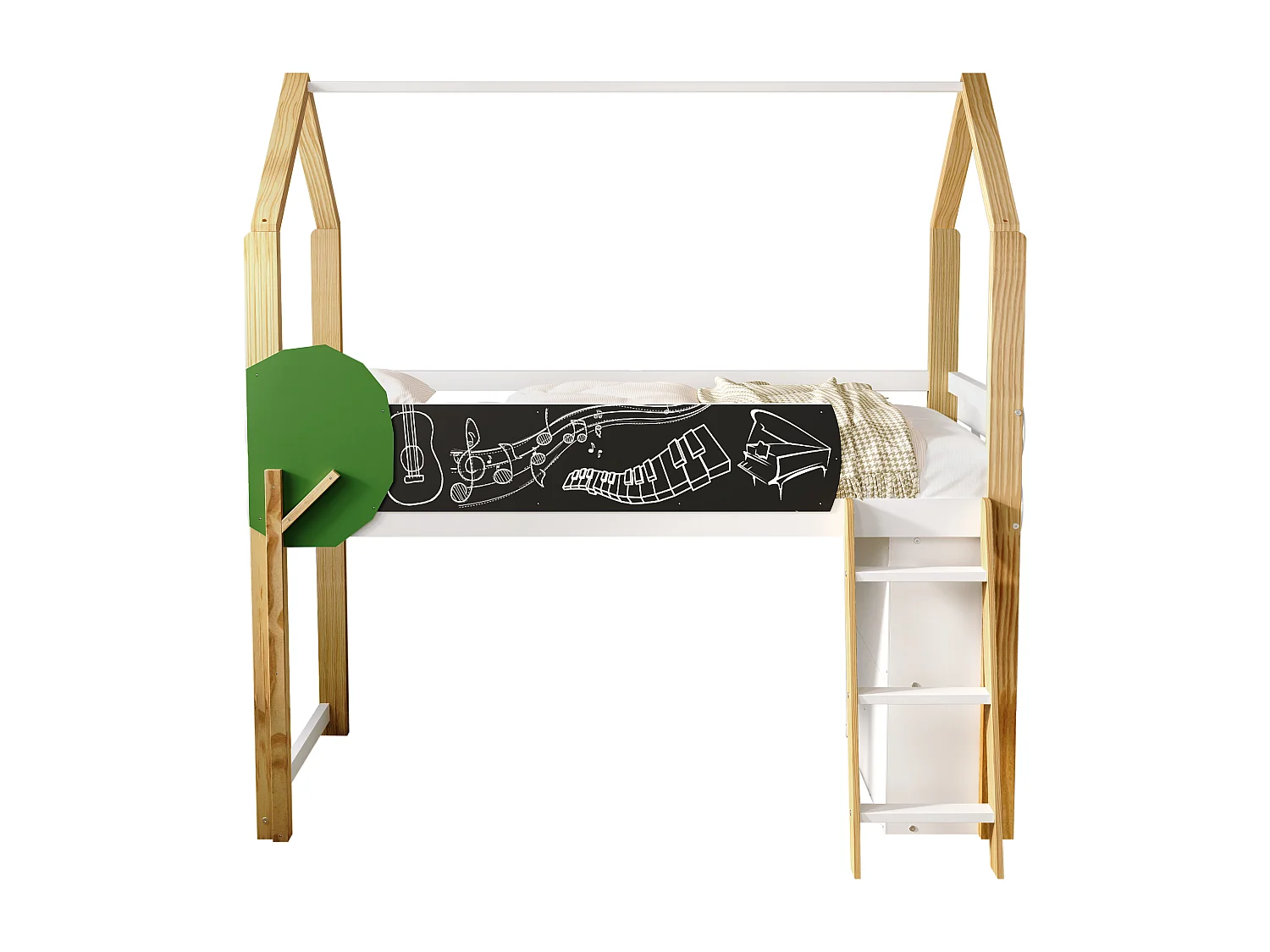Hoogslaper 90 x 200 cm met graffitipaneel & opbergkast & ladder - massief hout + MDF - wit + naturel