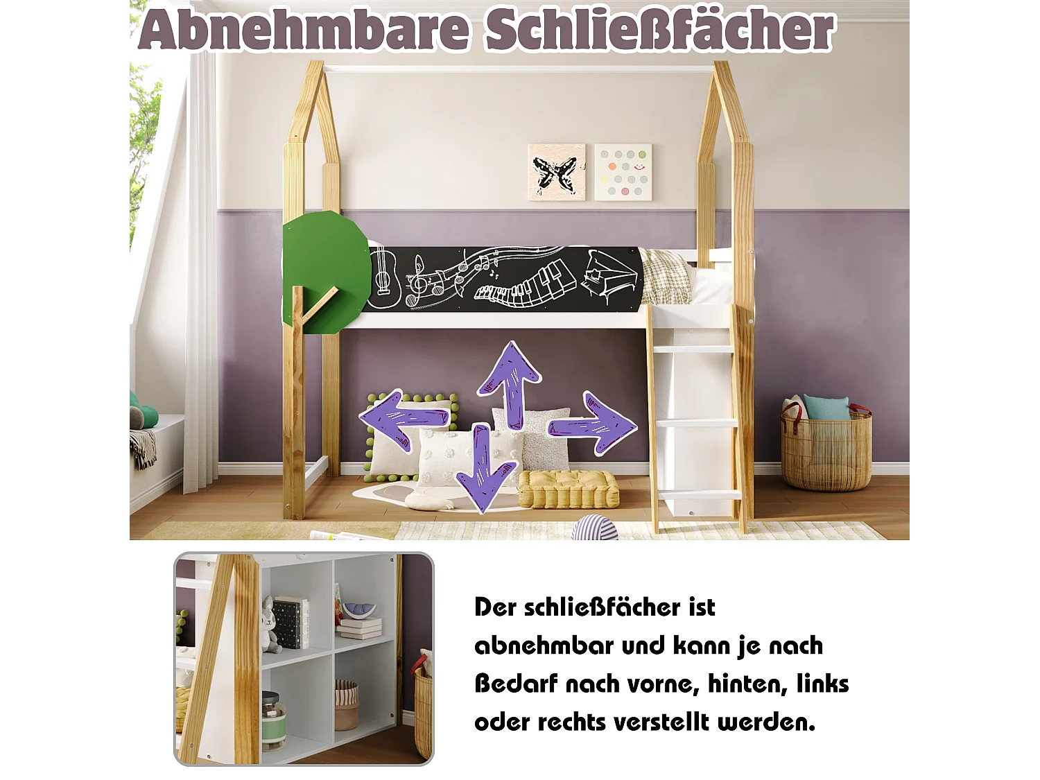 Hoogslaper 90 x 200 cm met graffitipaneel & opbergkast & ladder - massief hout + MDF - wit + naturel