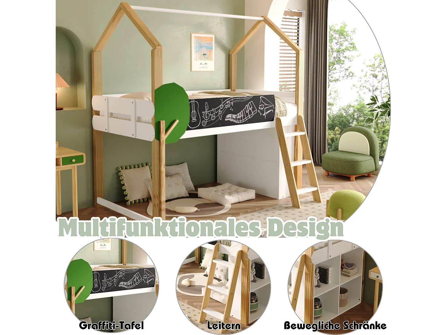 Hoogslaper 90 x 200 cm met graffitipaneel & opbergkast & ladder - massief hout + MDF - wit + naturel