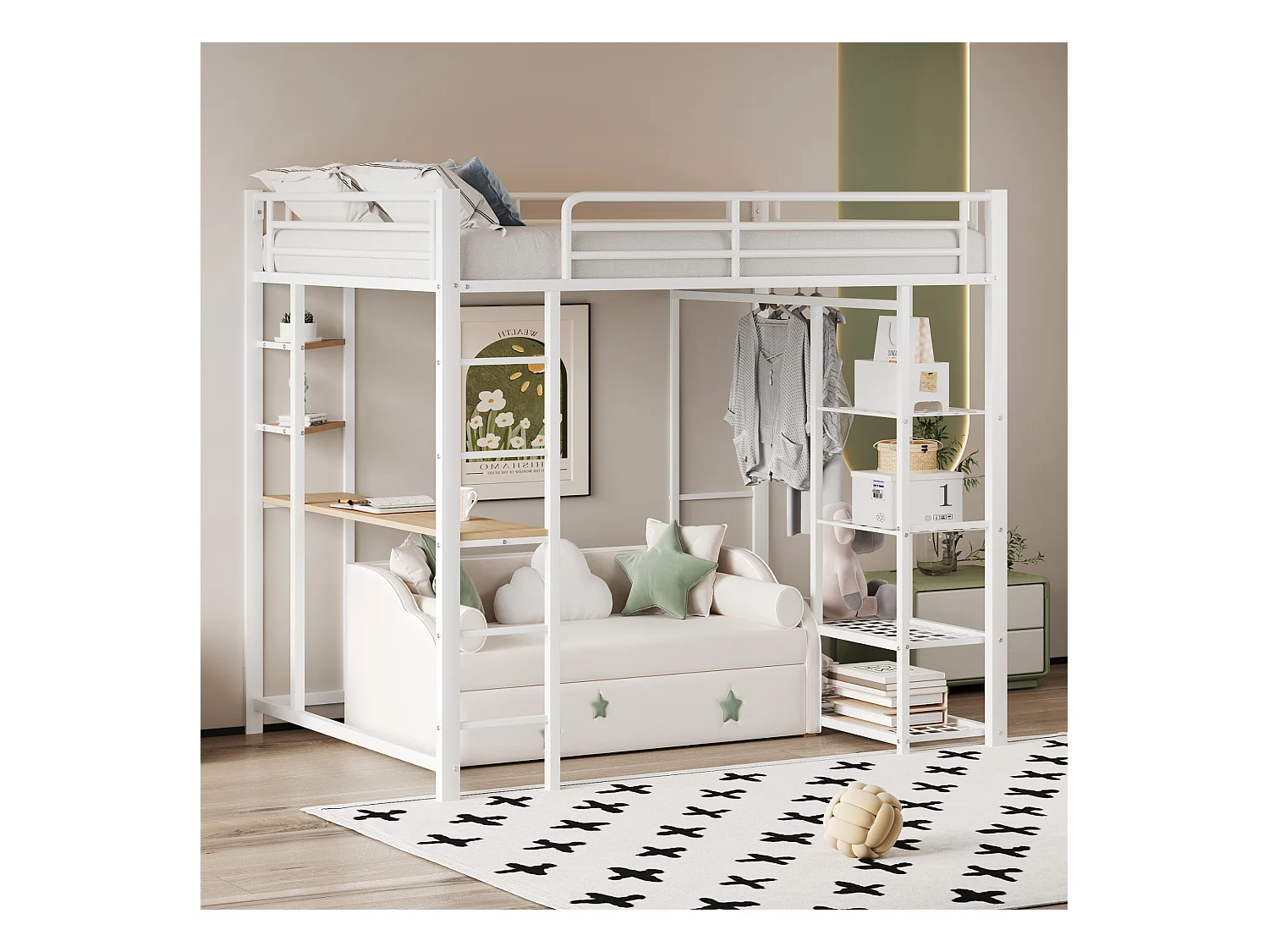 Lit mezzanine 90 x 200 cm avec bureau et étagères de rangement - métal - sommier à lattes - blanc (sans matelas)