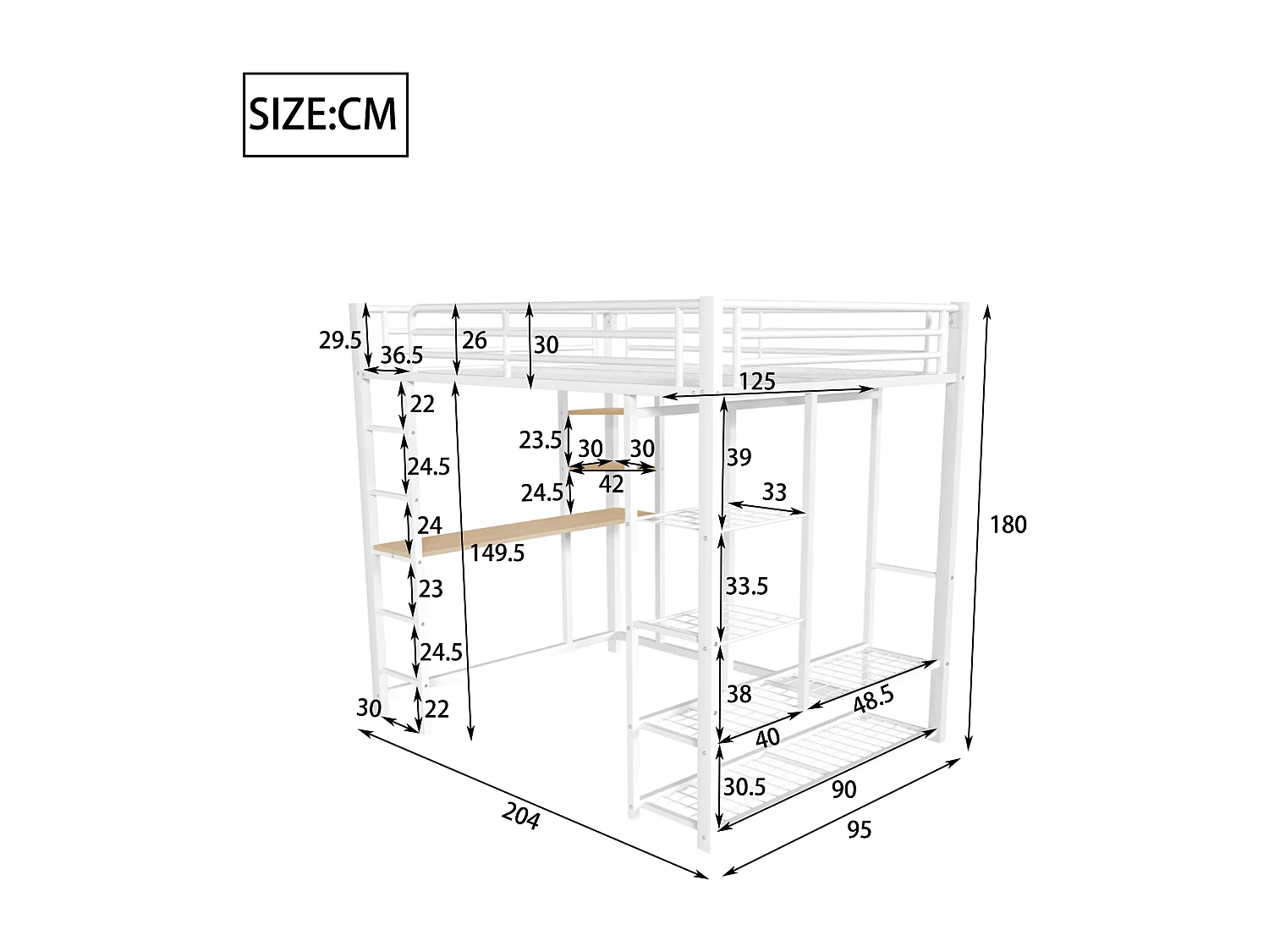Lit mezzanine 90 x 200 cm avec bureau et étagères de rangement - métal - sommier à lattes - blanc (sans matelas)