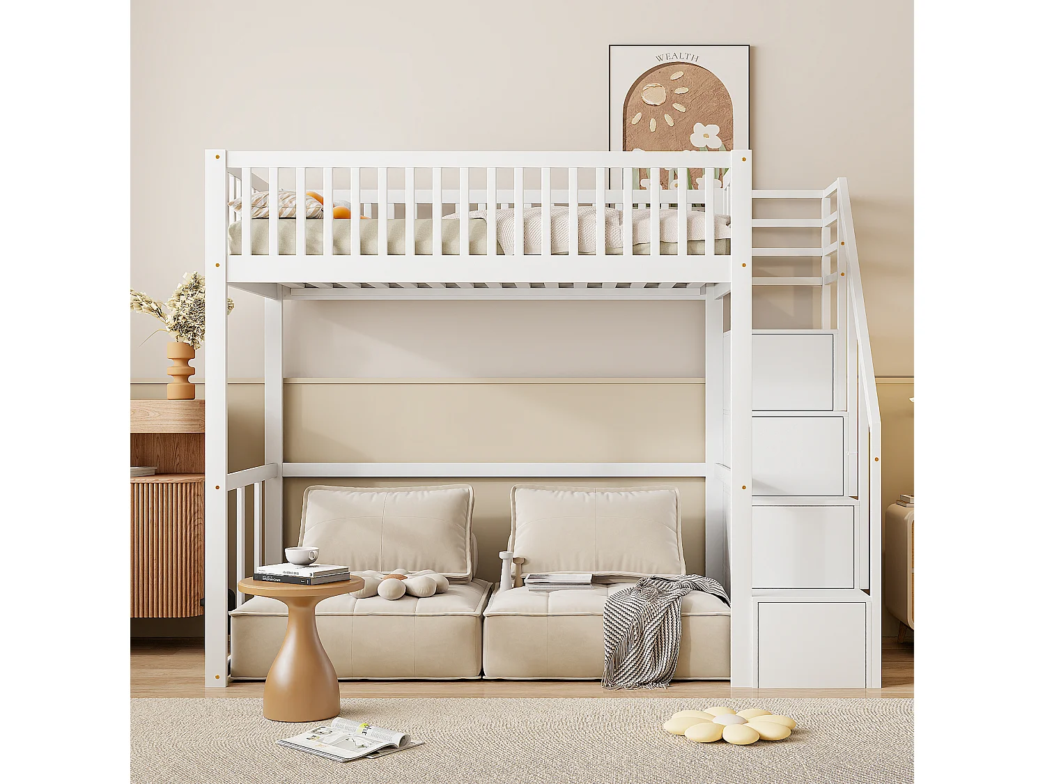 Lit mezzanine 90 x 200 cm avec 4 tiroirs - bois de pin massif - sommier à lattes - blanc (sans matelas)