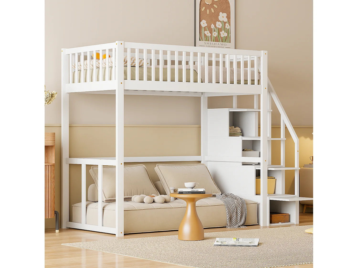 Lit mezzanine 90 x 200 cm avec 4 tiroirs - bois de pin massif - sommier à lattes - blanc (sans matelas)