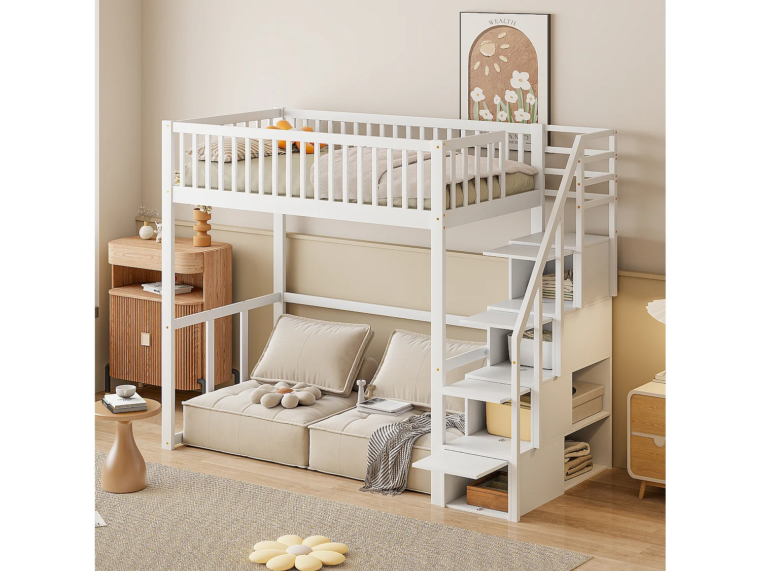 Lit mezzanine 90 x 200 cm avec 4 tiroirs - bois de pin massif - sommier à lattes - blanc (sans matelas)