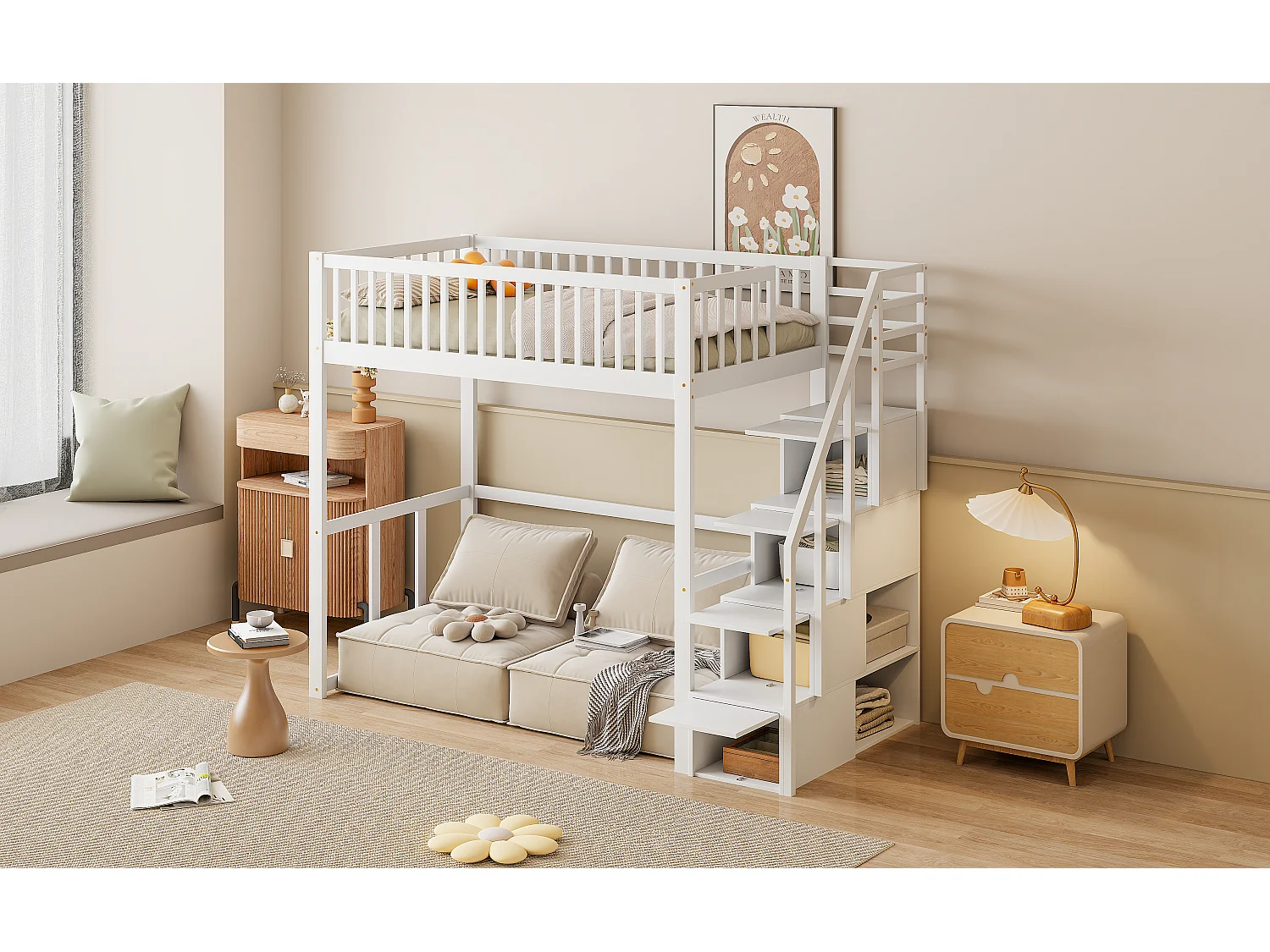 Lit mezzanine 90 x 200 cm avec 4 tiroirs - bois de pin massif - sommier à lattes - blanc (sans matelas)