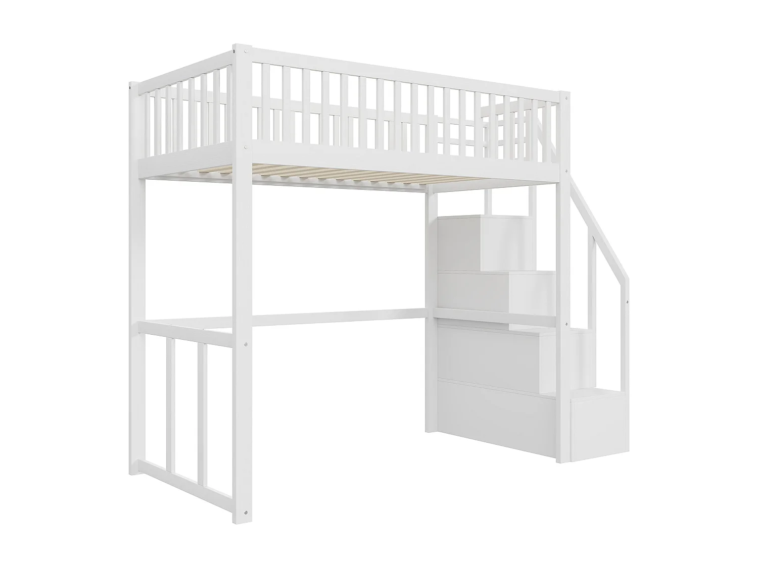 Lit mezzanine 90 x 200 cm avec 4 tiroirs - bois de pin massif - sommier à lattes - blanc (sans matelas)