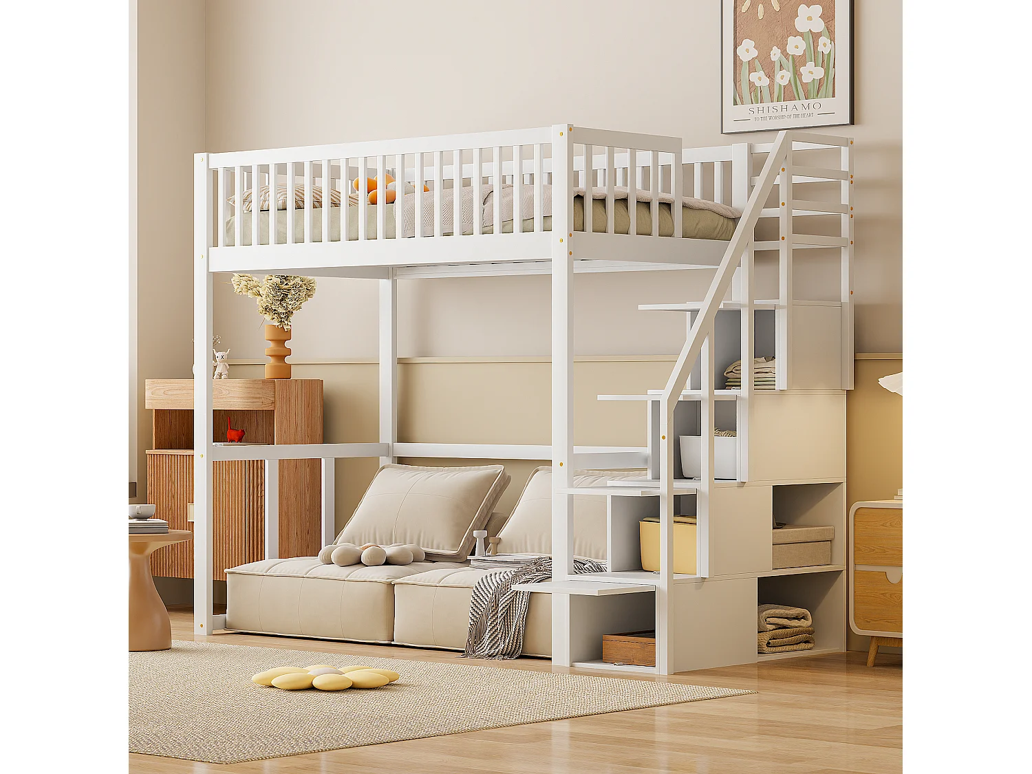 Lit mezzanine 90 x 200 cm avec 4 tiroirs - bois de pin massif - sommier à lattes - blanc (sans matelas)