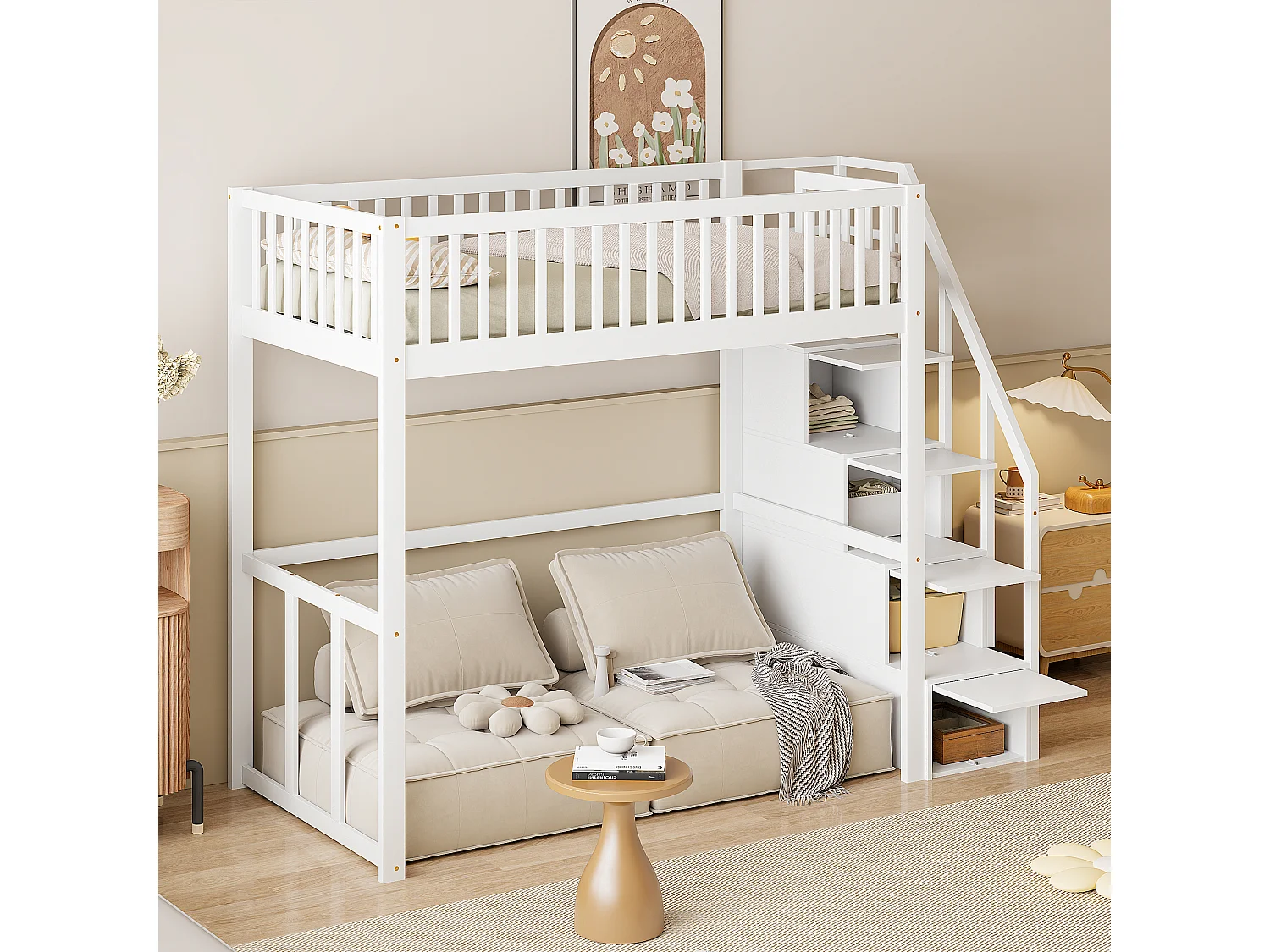 Lit mezzanine 90 x 200 cm avec 4 tiroirs - bois de pin massif - sommier à lattes - blanc (sans matelas)