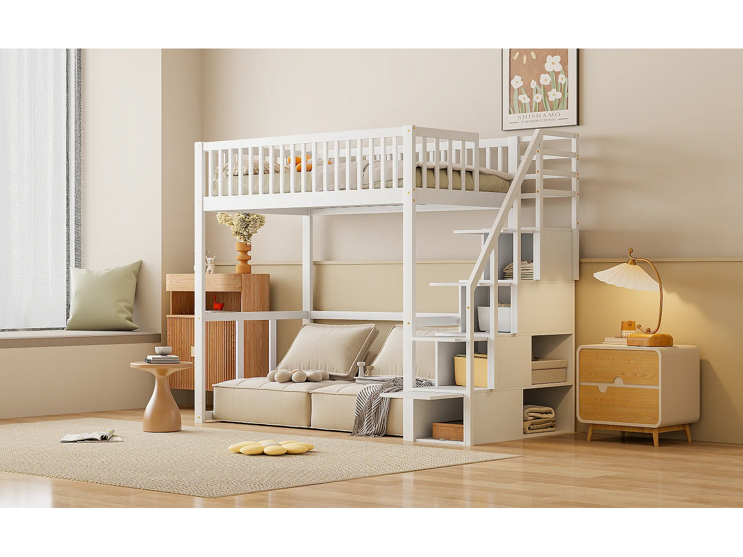 Lit mezzanine 90 x 200 cm avec 4 tiroirs - bois de pin massif - sommier à lattes - blanc (sans matelas)