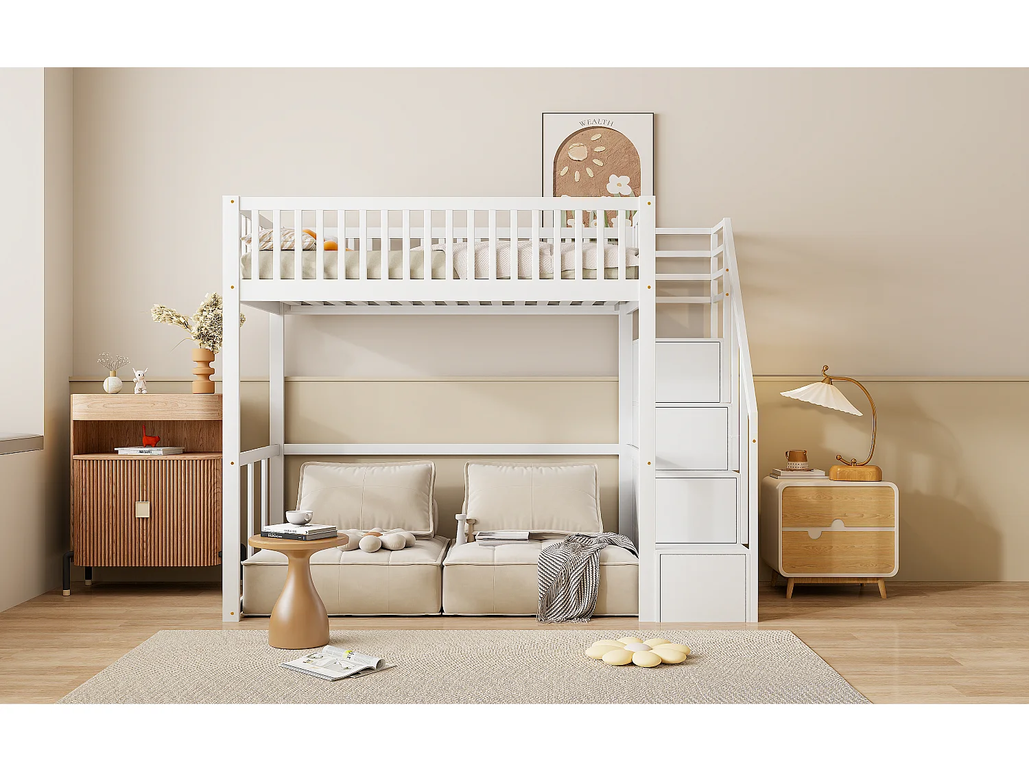 Lit mezzanine 90 x 200 cm avec 4 tiroirs - bois de pin massif - sommier à lattes - blanc (sans matelas)