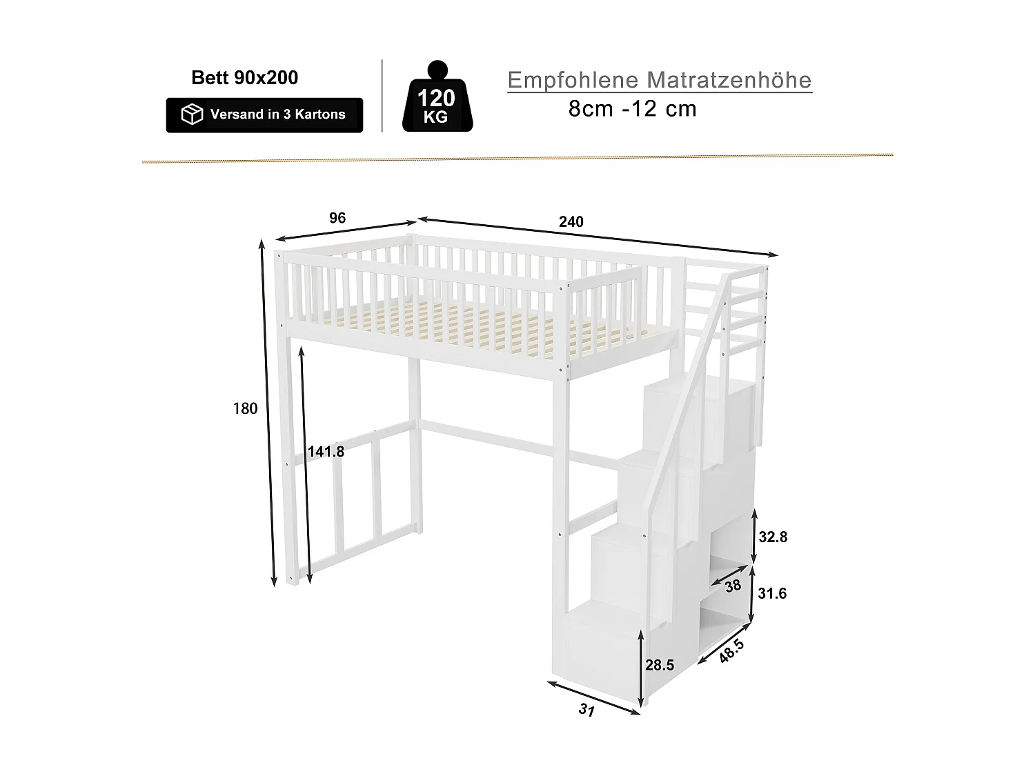 Lit mezzanine 90 x 200 cm avec 4 tiroirs - bois de pin massif - sommier à lattes - blanc (sans matelas)