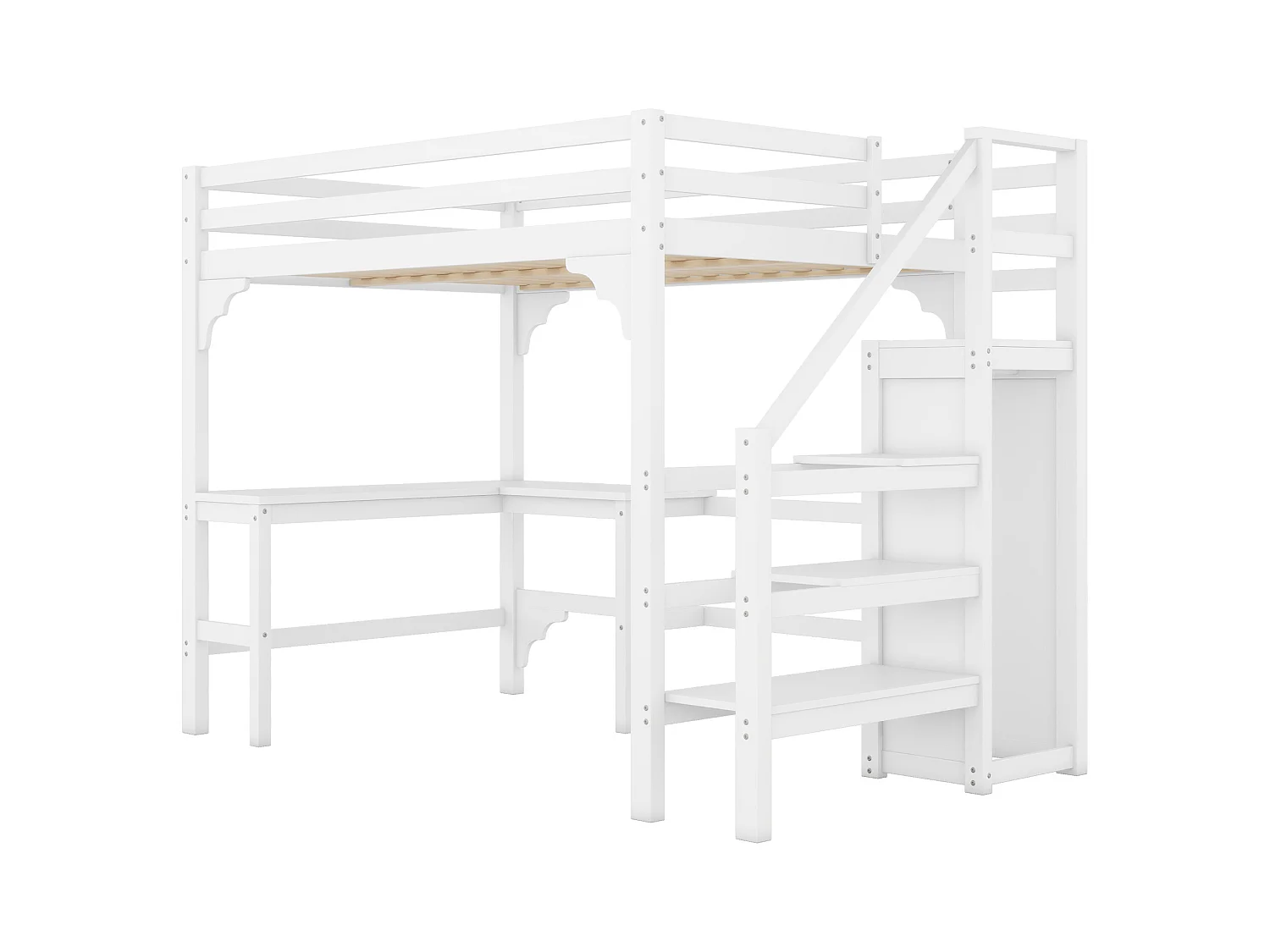 Lit mezzanine 140 x 200 cm avec bureau d'angle et armoire - bois de pin - sommier à lattes - blanc