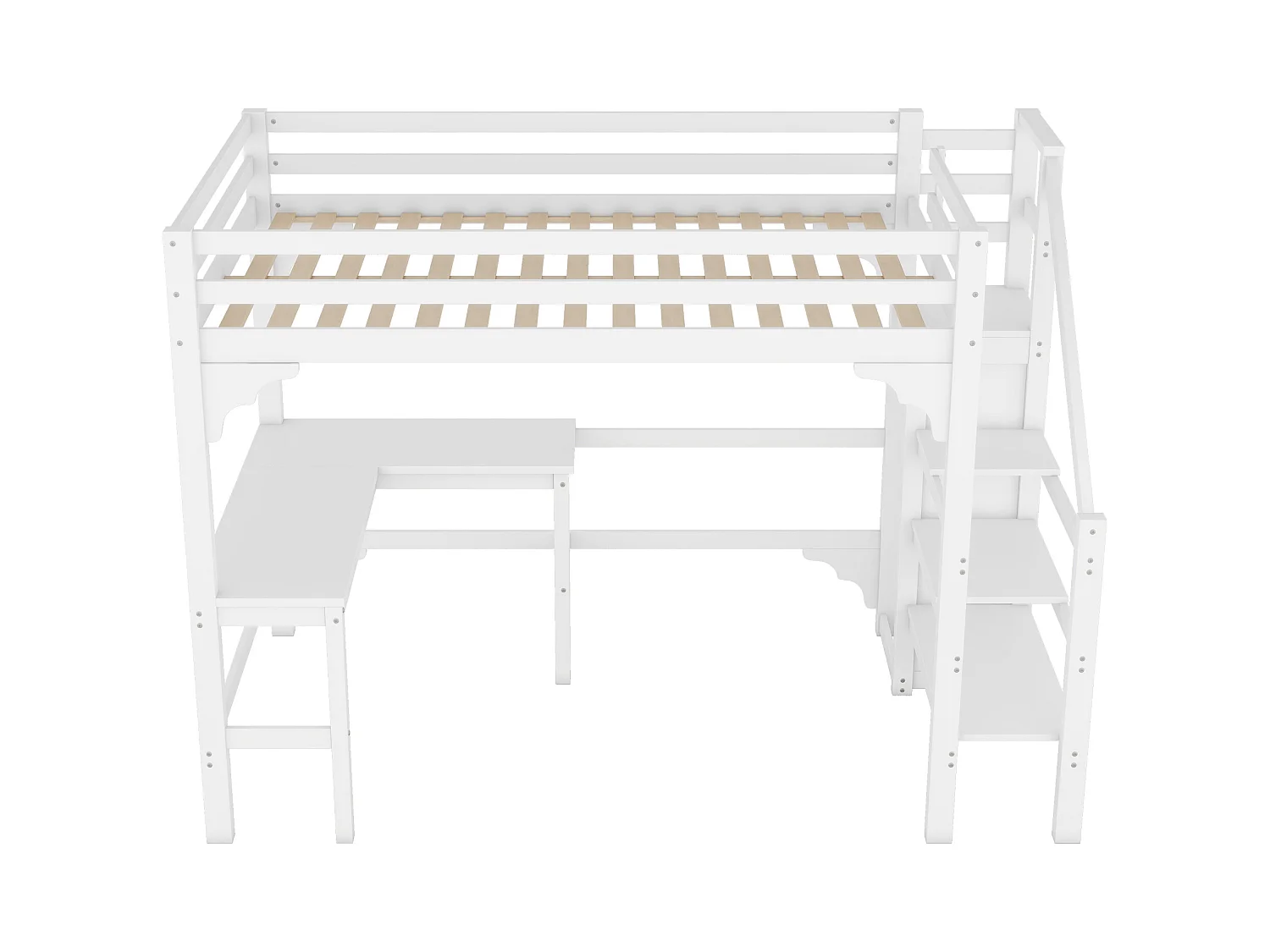 Lit mezzanine 140 x 200 cm avec bureau d'angle et armoire - bois de pin - sommier à lattes - blanc