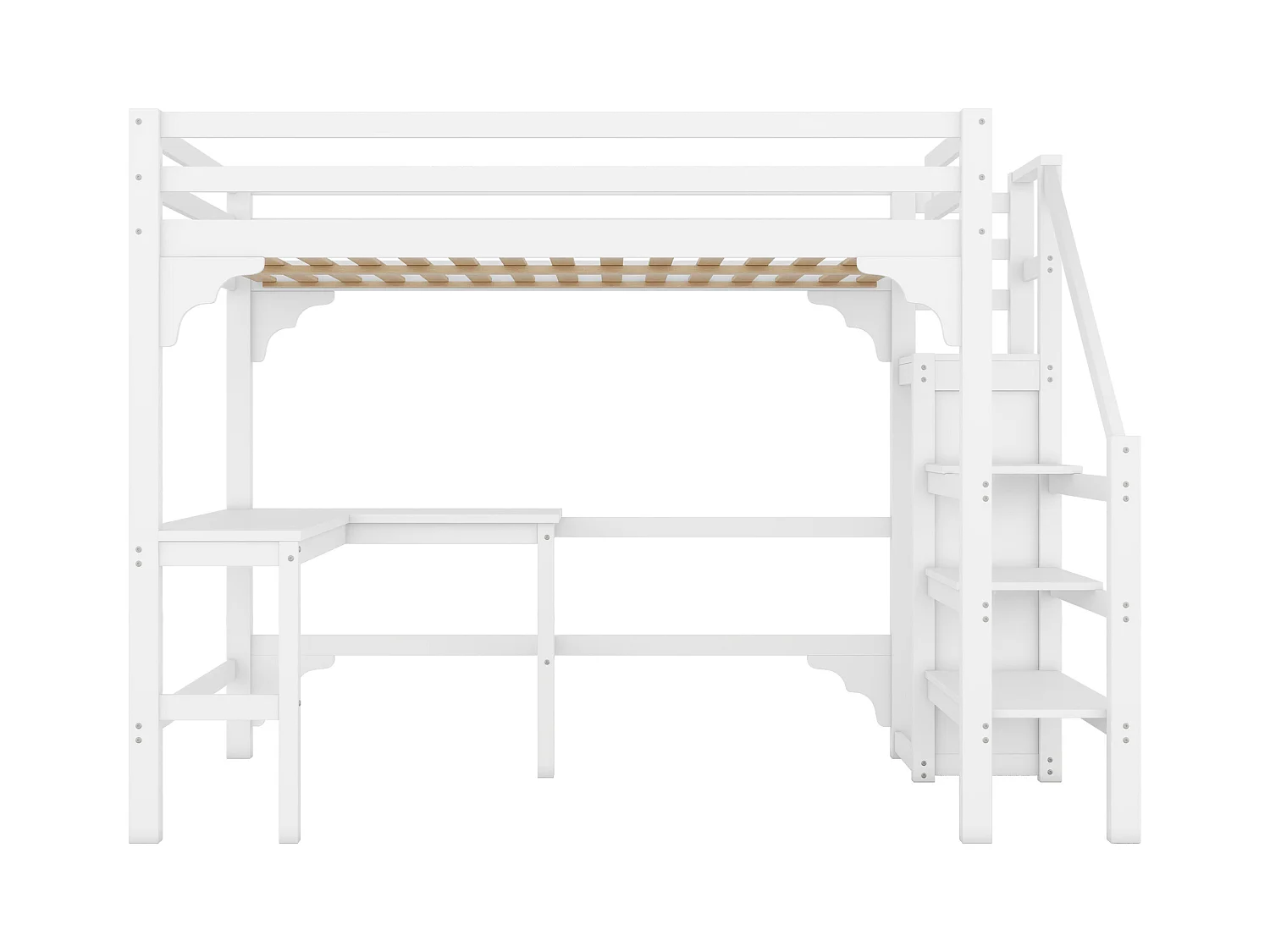 Lit mezzanine 140 x 200 cm avec bureau d'angle et armoire - bois de pin - sommier à lattes - blanc